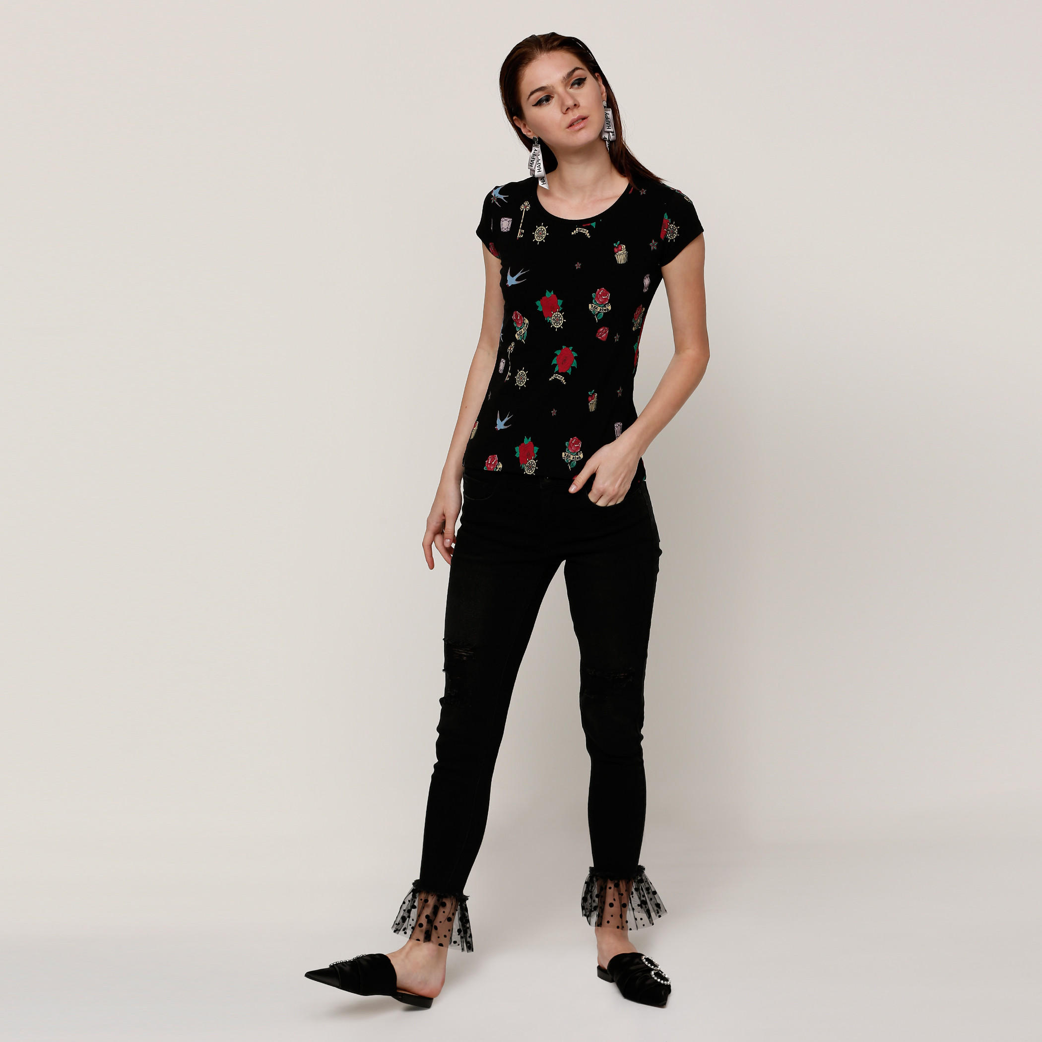 Smiley World Printed Round Neck T-Shirt with Cap Sleeves-women-clothing-tshirts-image-5