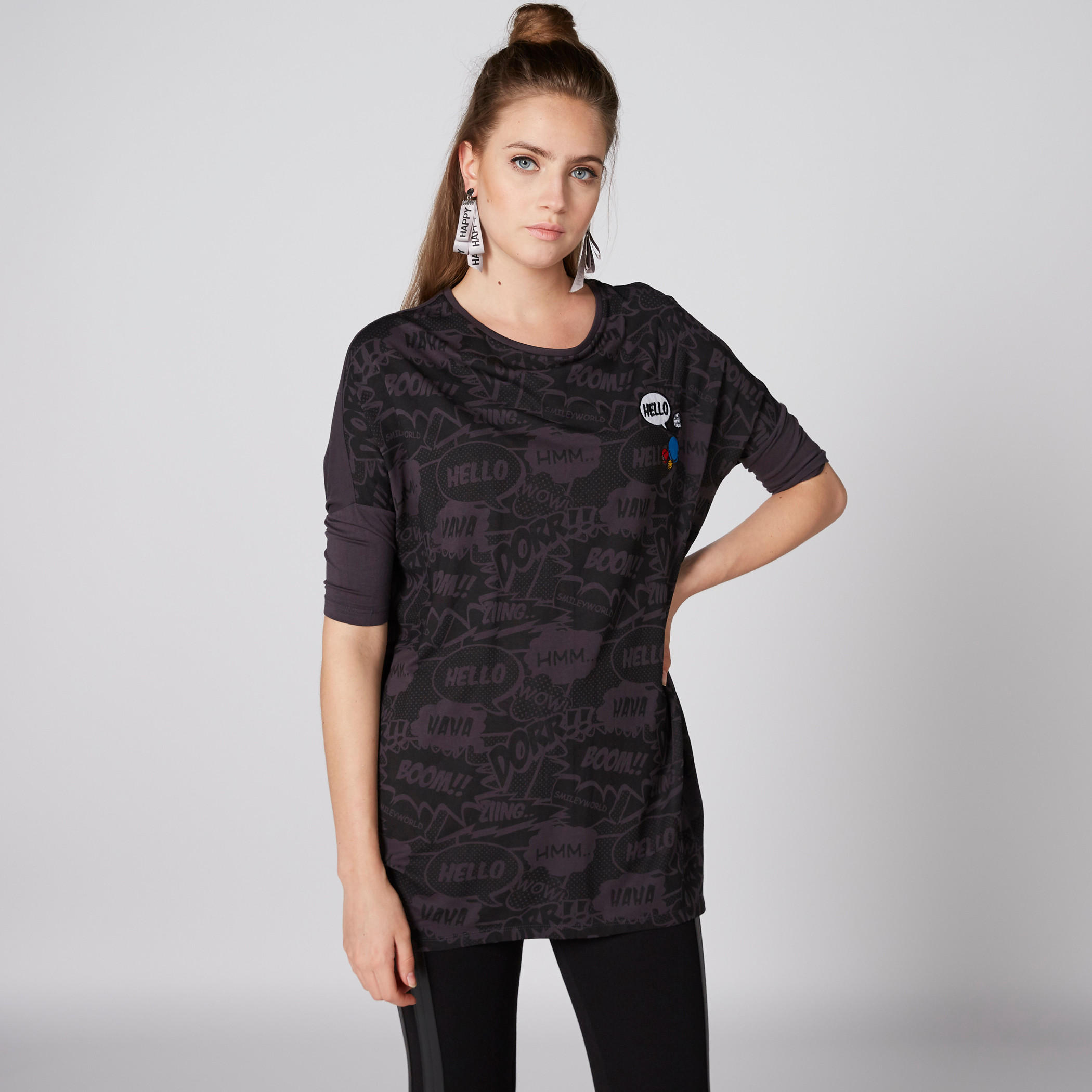 Smiley World Printed T-Shirt with Round Neck and Embroidery-women-clothing-tshirts-image-1