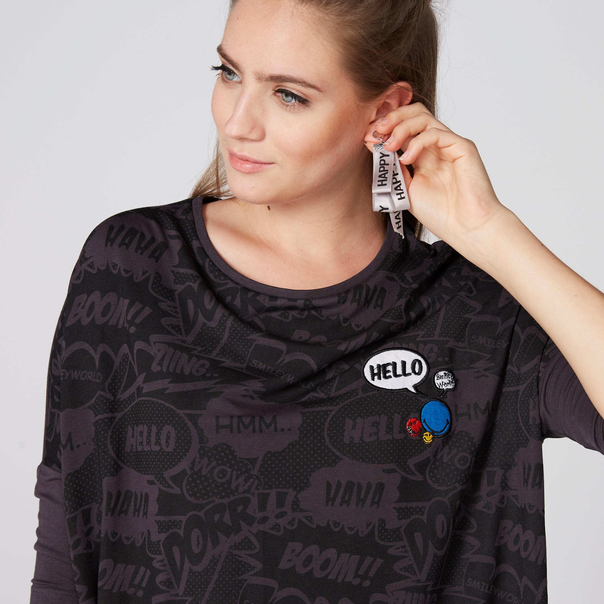 Smiley World Printed T-Shirt with Round Neck and Embroidery-women-clothing-tshirts-image-4