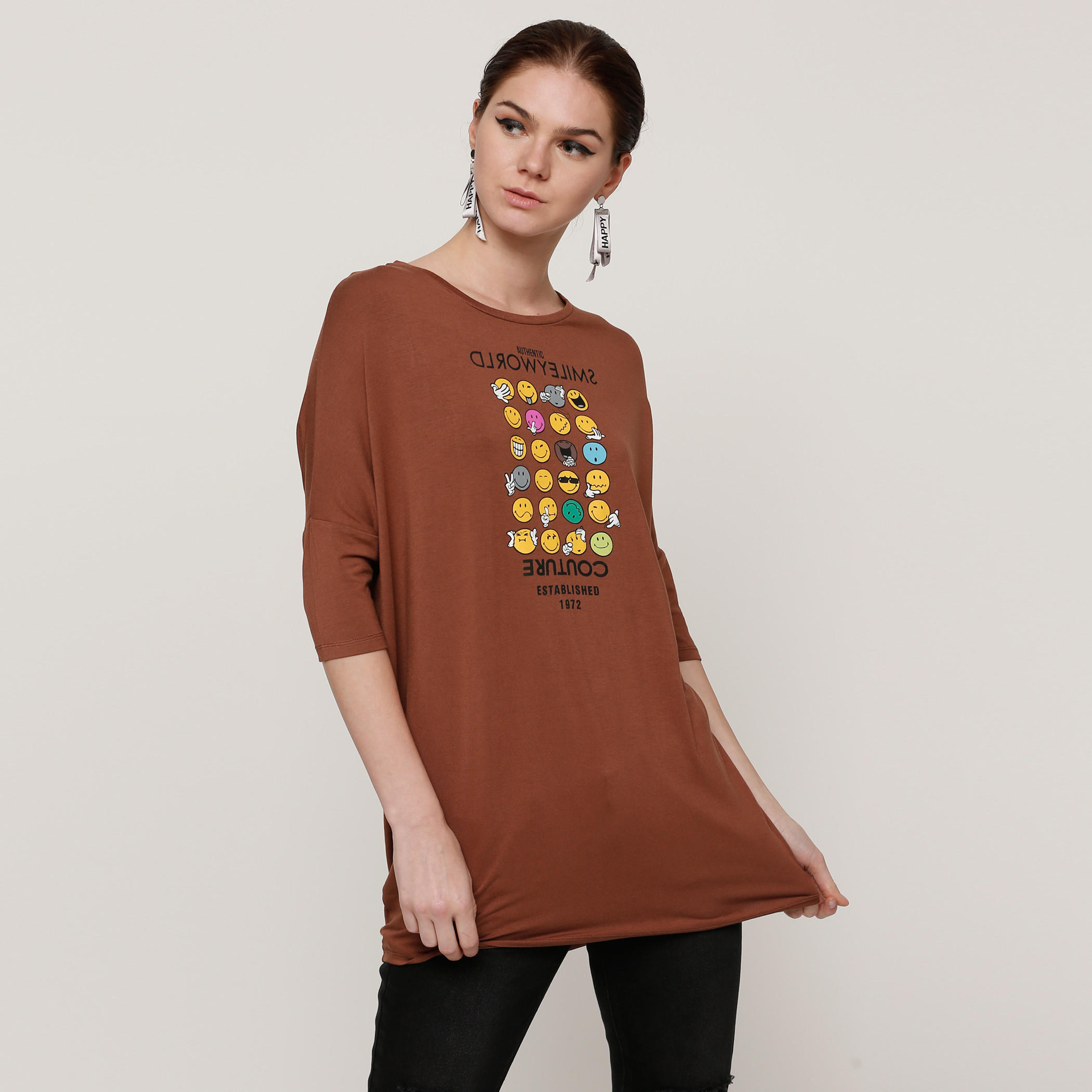 Smiley World Printed Round Neck Longline T-Shirt-women-clothing-shirtsandblouses-shirts-image-1