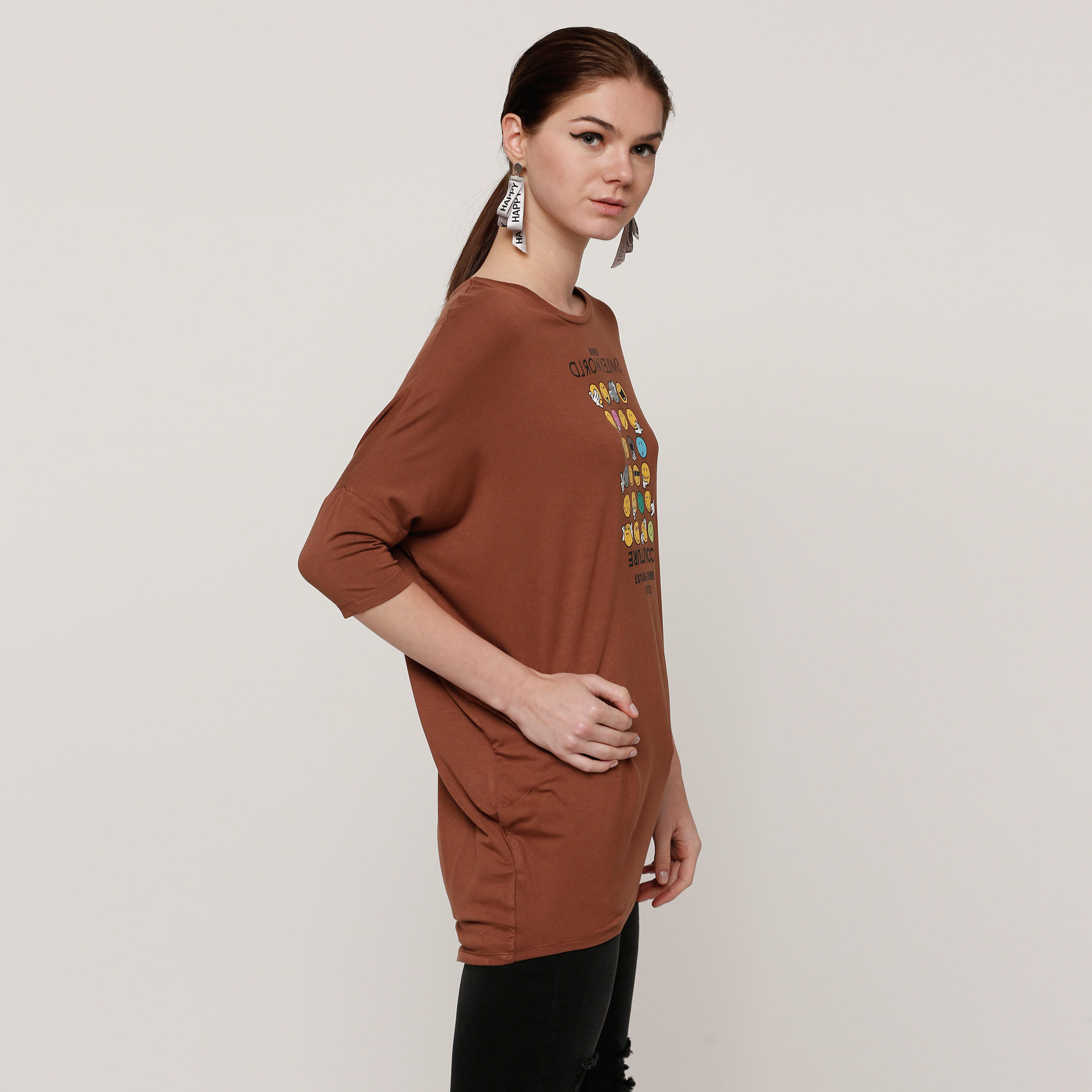 Smiley World Printed Round Neck Longline T-Shirt-women-clothing-shirtsandblouses-shirts-image-3
