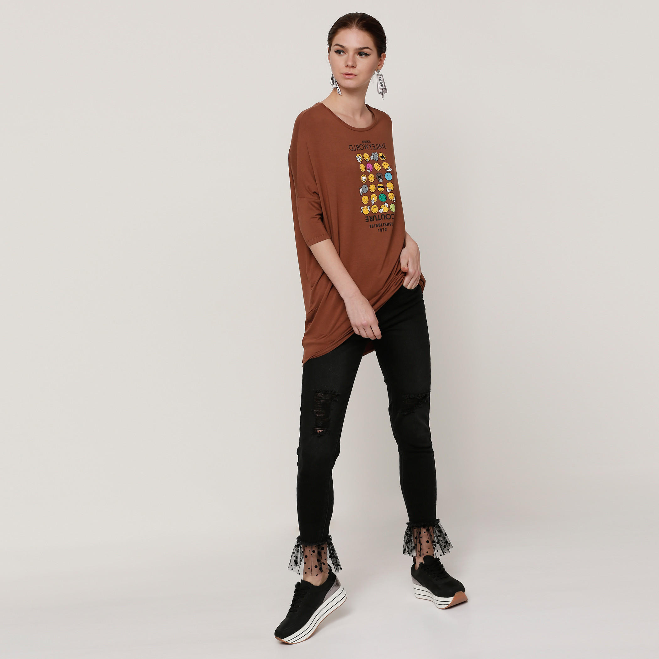 Smiley World Printed Round Neck Longline T-Shirt-women-clothing-shirtsandblouses-shirts-image-5