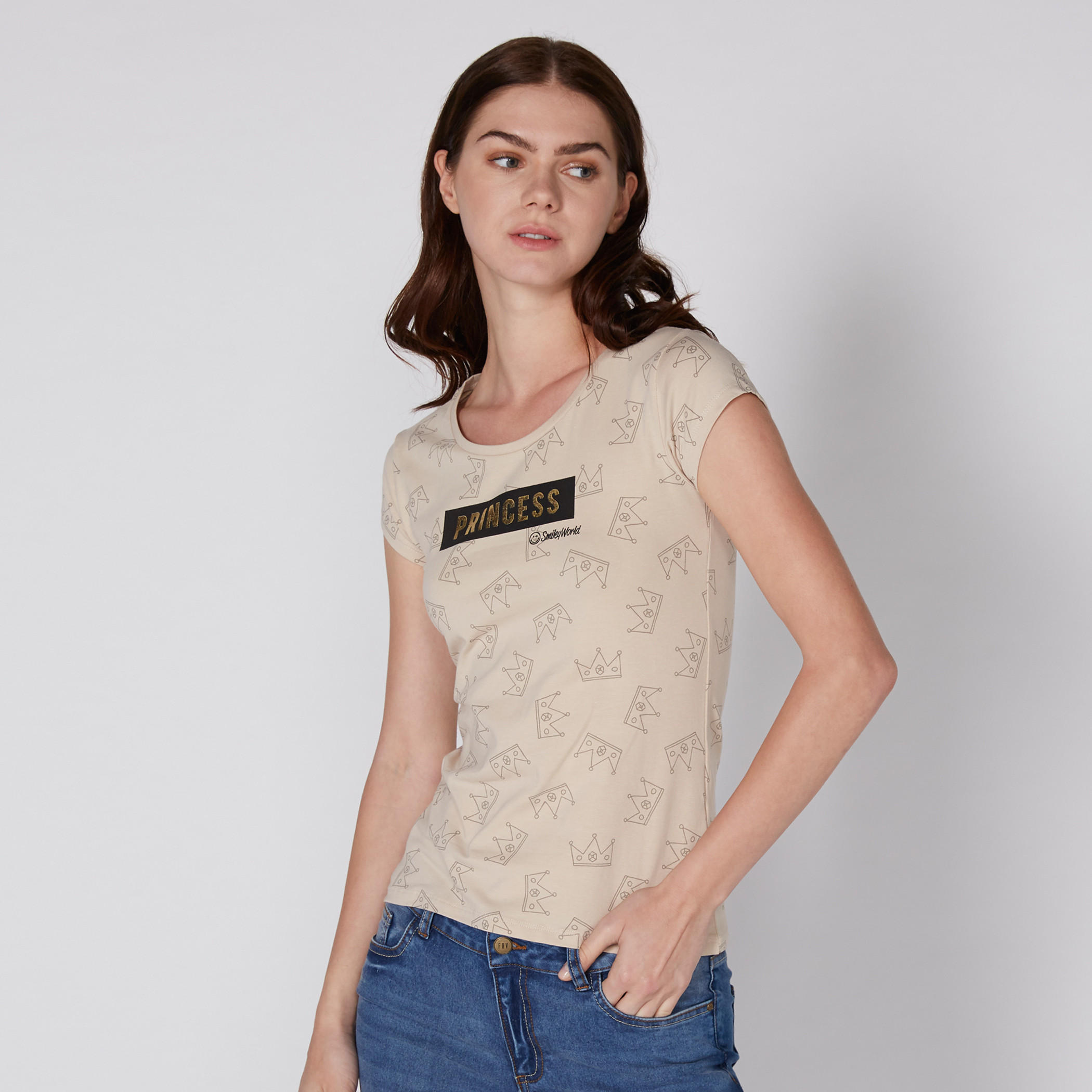 Smiley World Printed T-Shirt with Round Neck and Cap Sleeves-women-clothing-tshirts-image-1