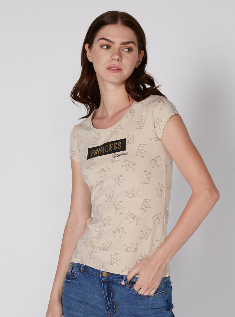 Smiley World Printed T-Shirt with Round Neck and Cap Sleeves-women-clothing-tshirts-image-1