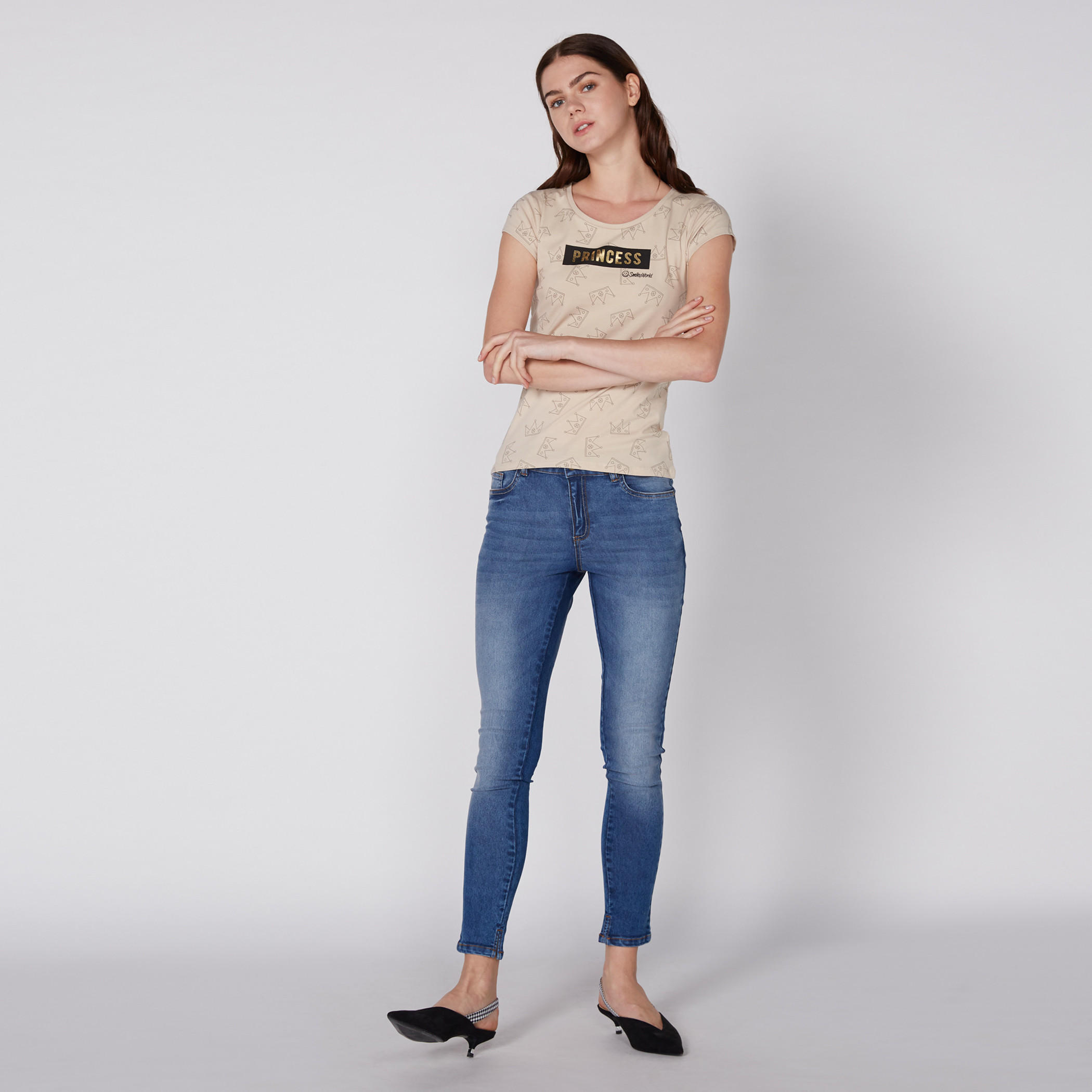 Smiley World Printed T-Shirt with Round Neck and Cap Sleeves-women-clothing-tshirts-image-2