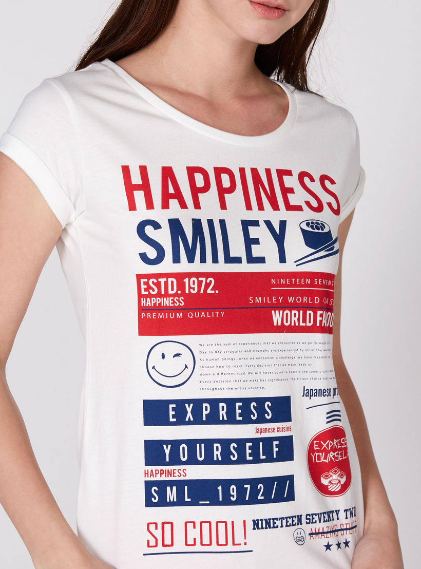 Smiley World Printed T-Shirt with Round Neck and Cap Sleeves-women-clothing-tshirts-image-2