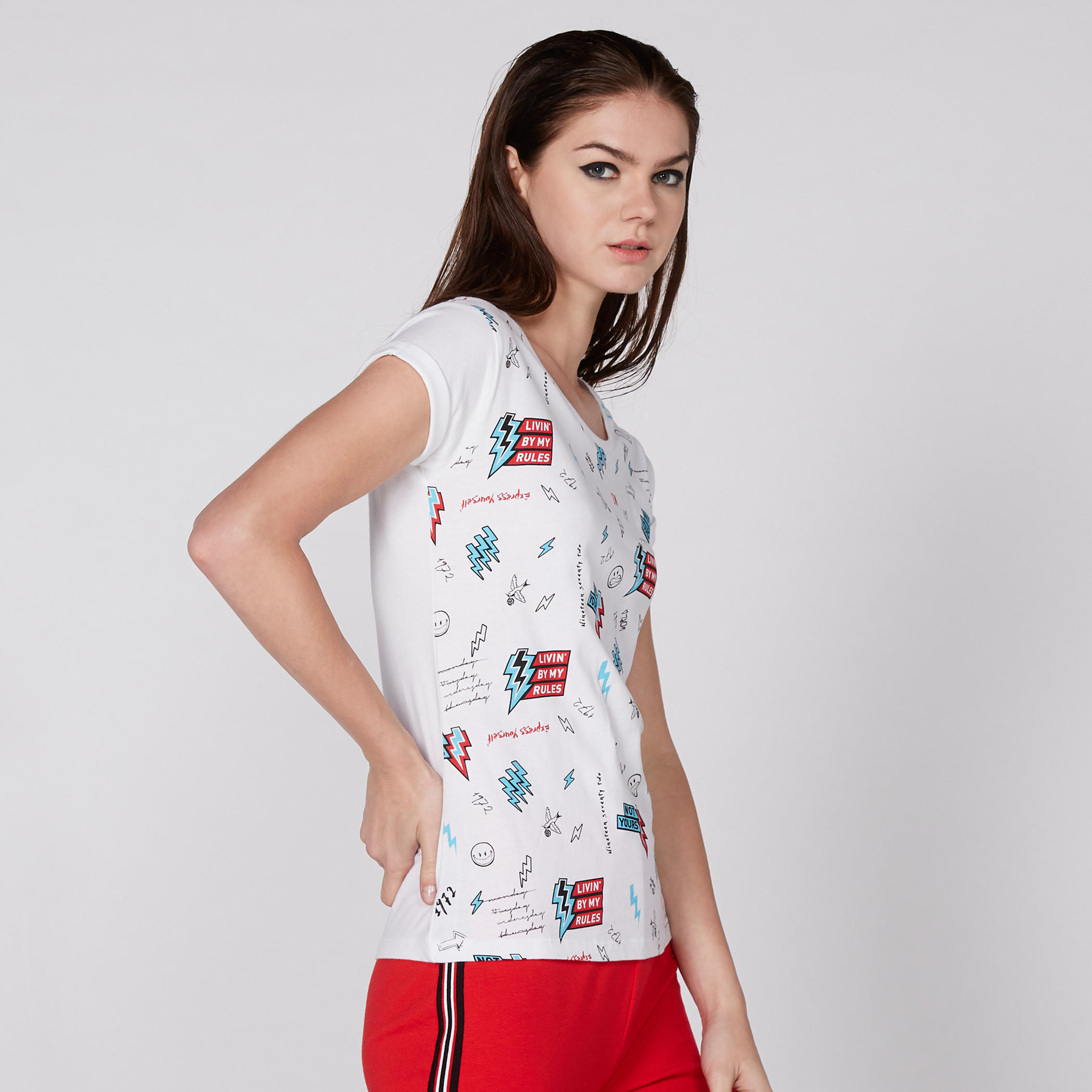 Smiley World Printed T-Shirt with Round Neck and Cap Sleeves-women-clothing-tshirts-image-2