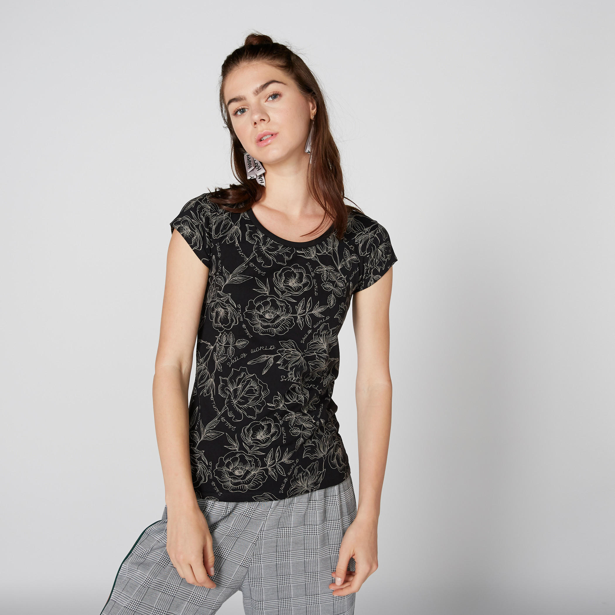 Smiley World Printed T-Shirt with Round Neck and Cap Sleeves-women-clothing-tshirts-image-1