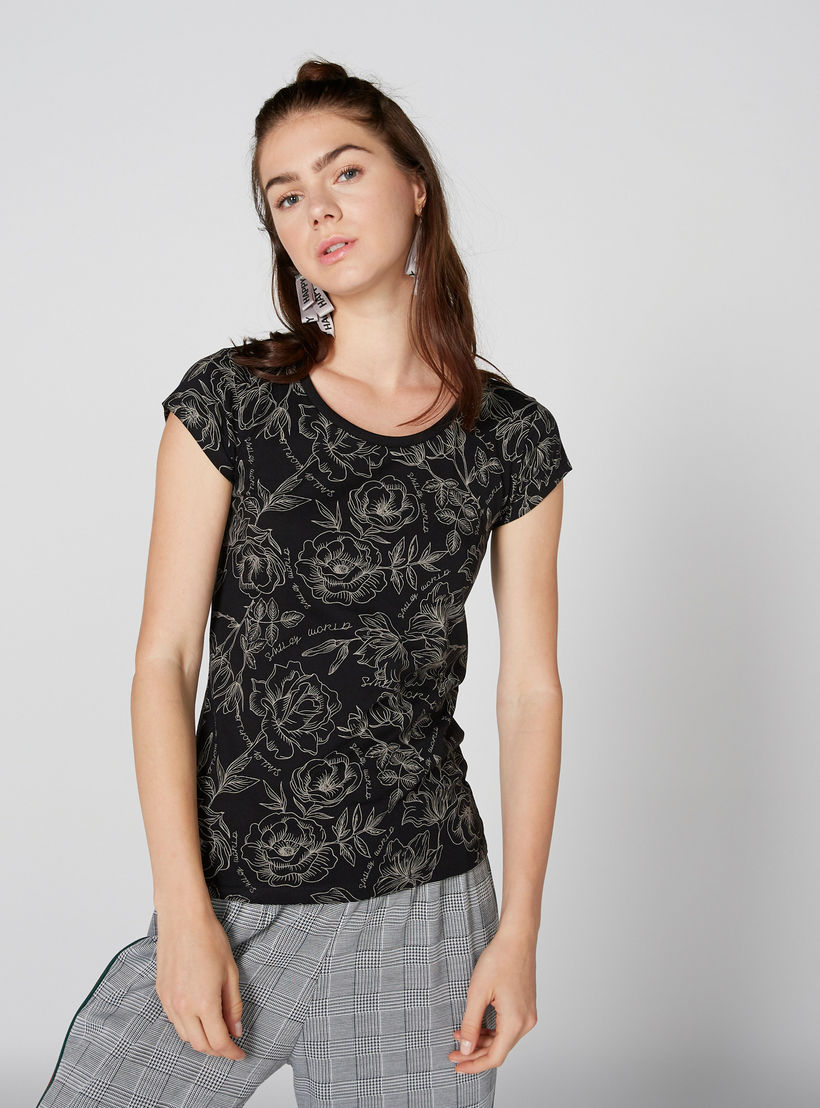 Smiley World Printed T-Shirt with Round Neck and Cap Sleeves-women-clothing-tshirts-image-1