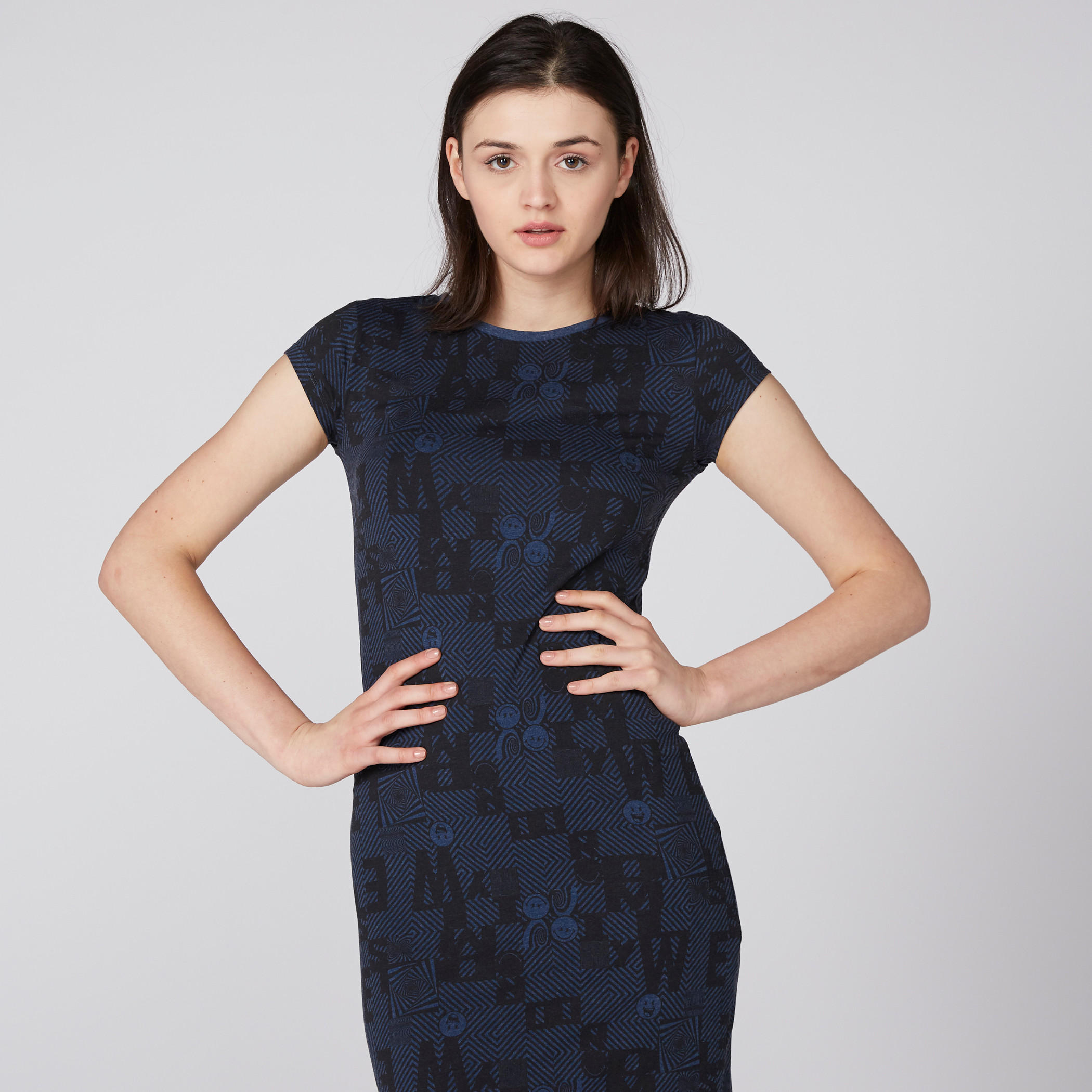 Smiley World Printed Dress with Round Neck and Cap Sleeves-women-clothing-dresses-image-1
