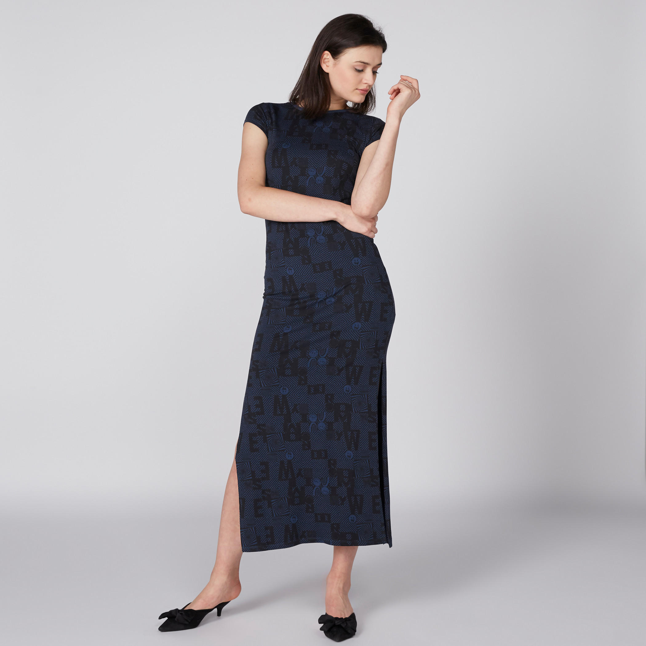 Smiley World Printed Dress with Round Neck and Cap Sleeves-women-clothing-dresses-image-2