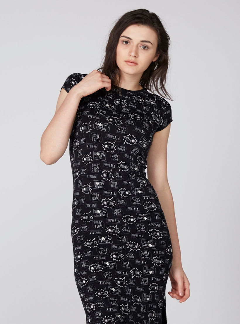 فستان طويل بياقة مستديرة وأكمام كاب وطبعات سمايلي وورلد-women-clothing-dresses-image-2