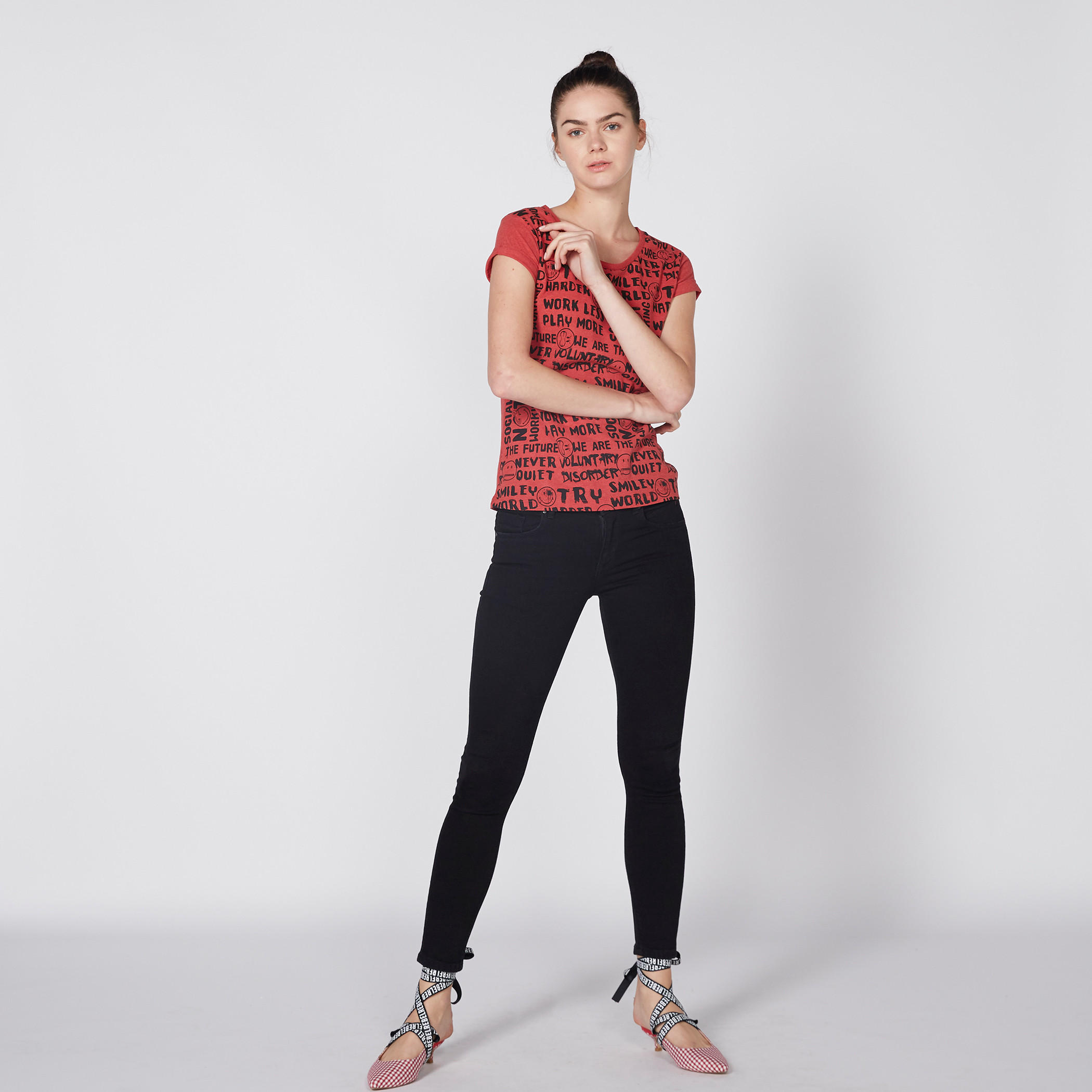 Smiley World Printed T-Shirt with Round Neck and Cap Sleeves-women-clothing-tshirts-image-2