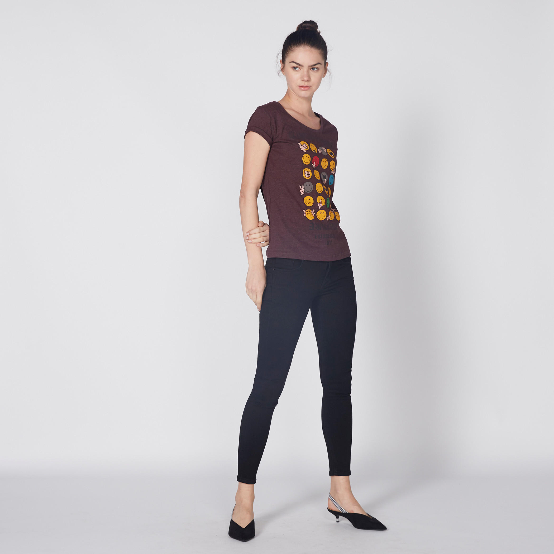 Smiley World Printed T-Shirt with Round Neck and Cap Sleeves-women-clothing-tshirts-image-2
