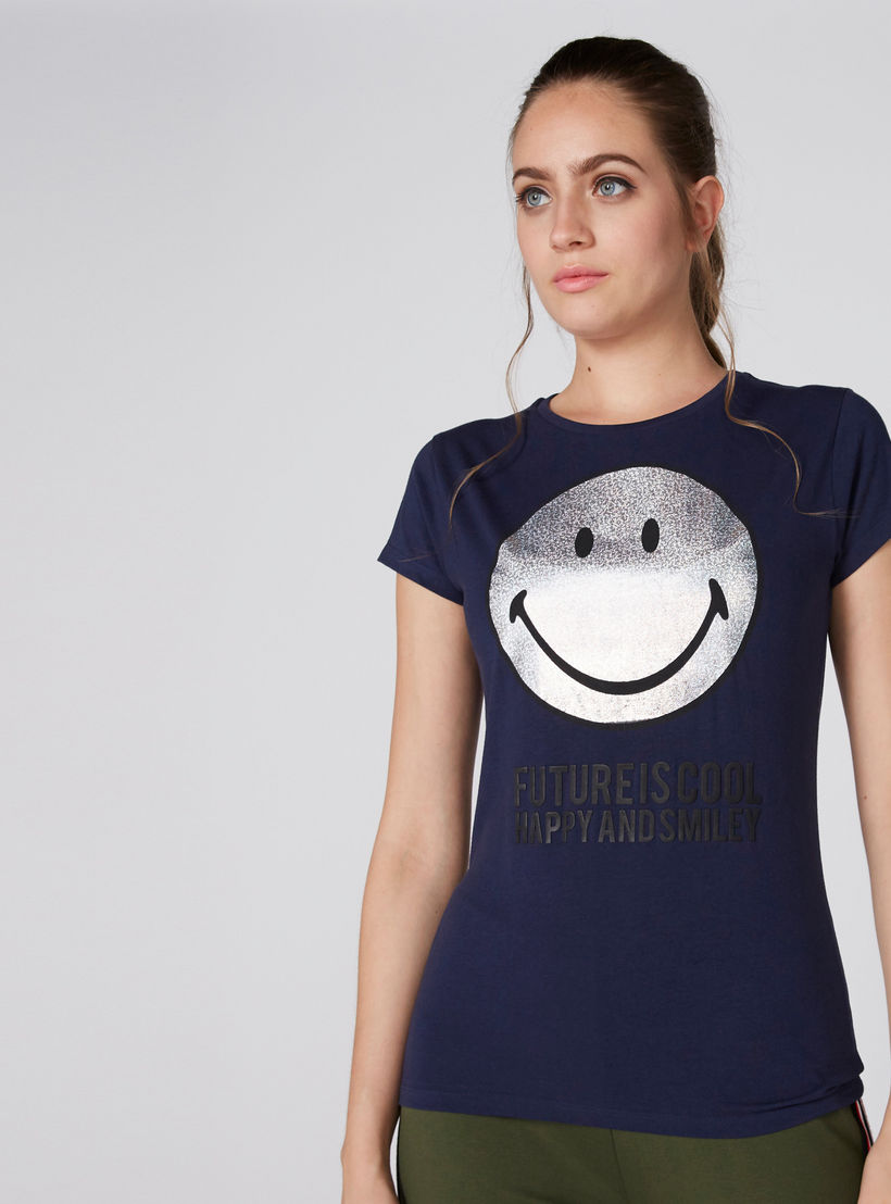 Smiley World Printed T-Shirt with Round Neck and Short Sleeves-women-clothing-tshirts-image-3