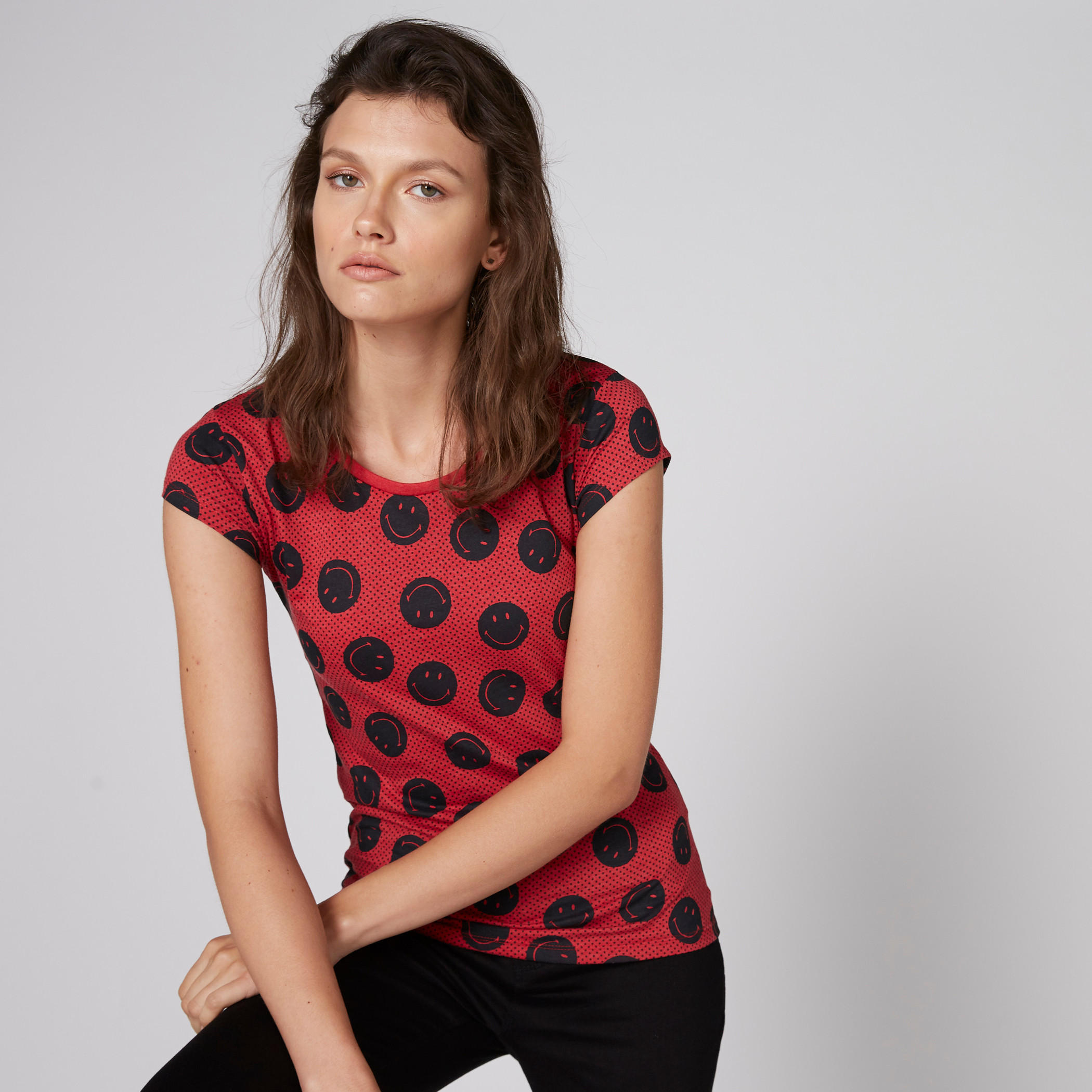 Smiley World Printed T-Shirt with Round Neck and Cap Sleeves-women-clothing-tshirts-image-1