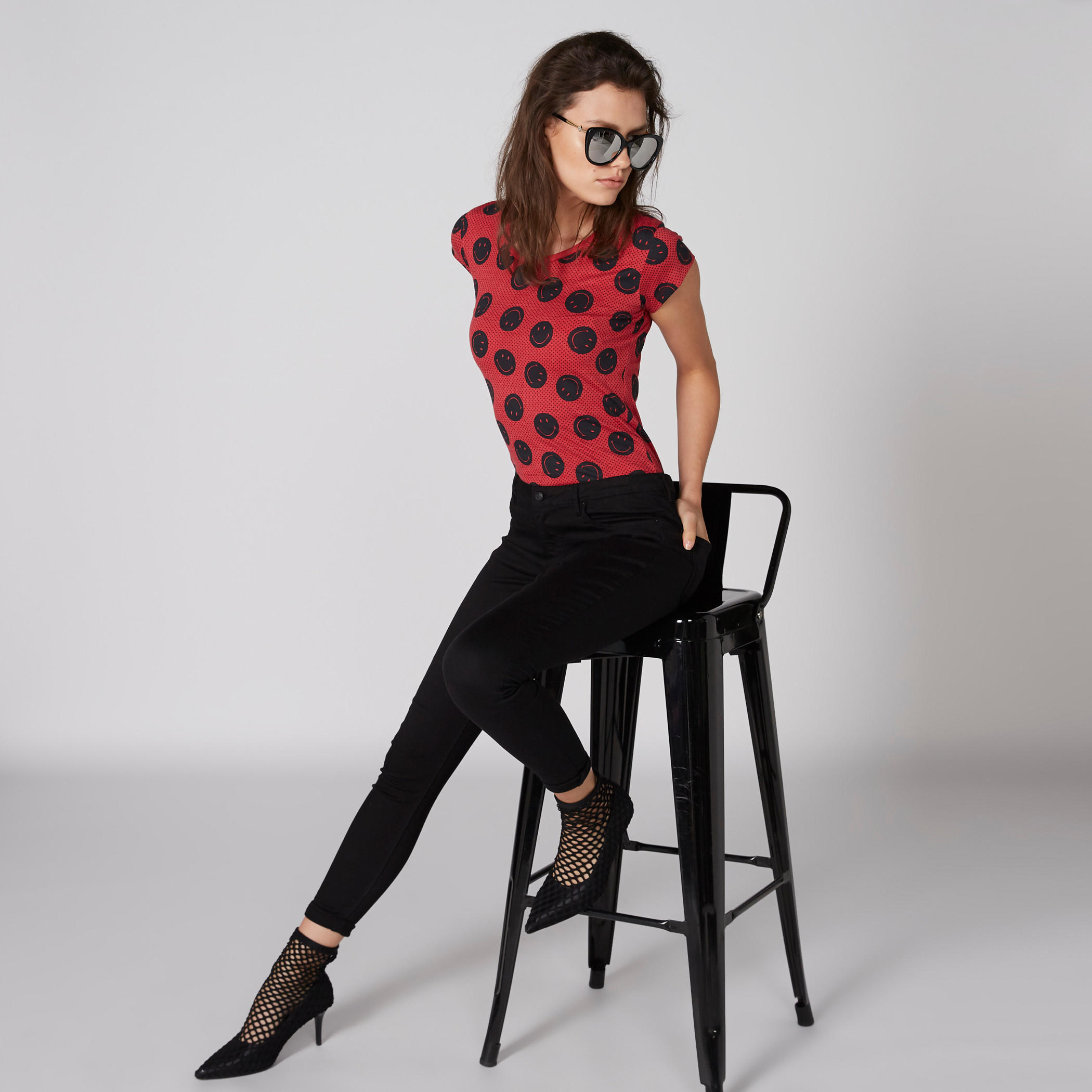 Smiley World Printed T-Shirt with Round Neck and Cap Sleeves-women-clothing-tshirts-image-3