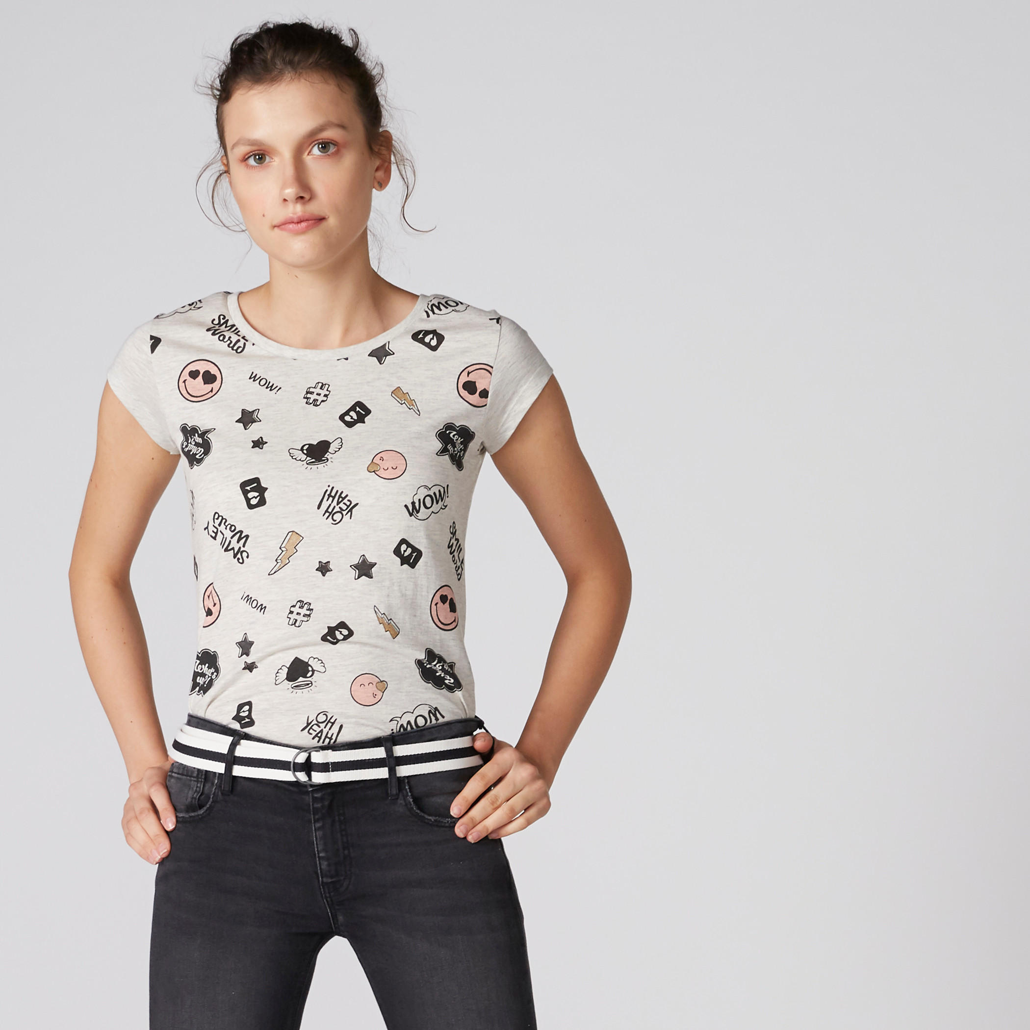 Smiley World Printed T-Shirt with Round Neck and Cap Sleeves-women-clothing-tshirts-image-3