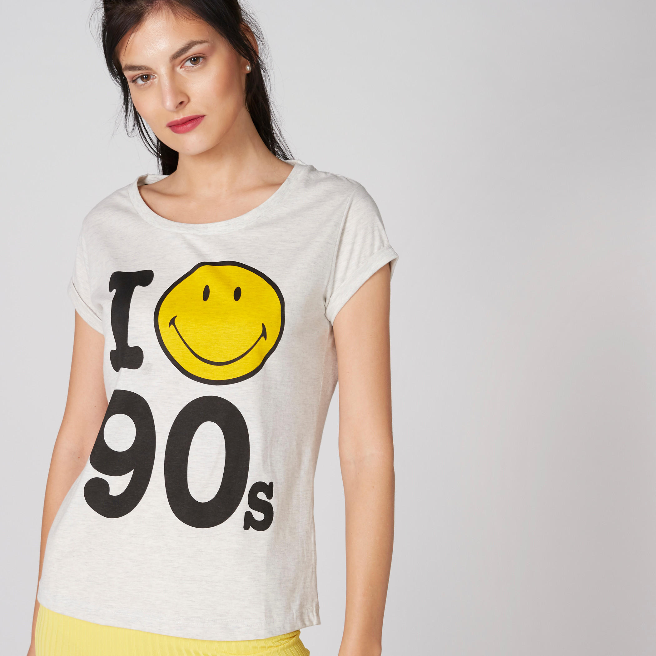 Smiley World Printed T-Shirt with Round Neck and Cap Sleeves-women-clothing-tshirts-image-1