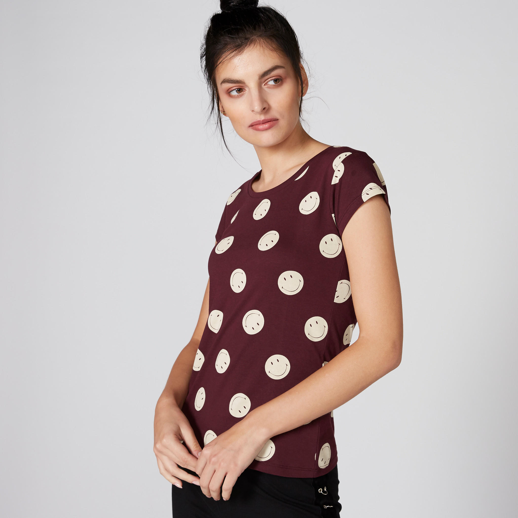 Smiley World Printed Top with Round Neck and Cap Sleeves-women-clothing-tshirts-image-3