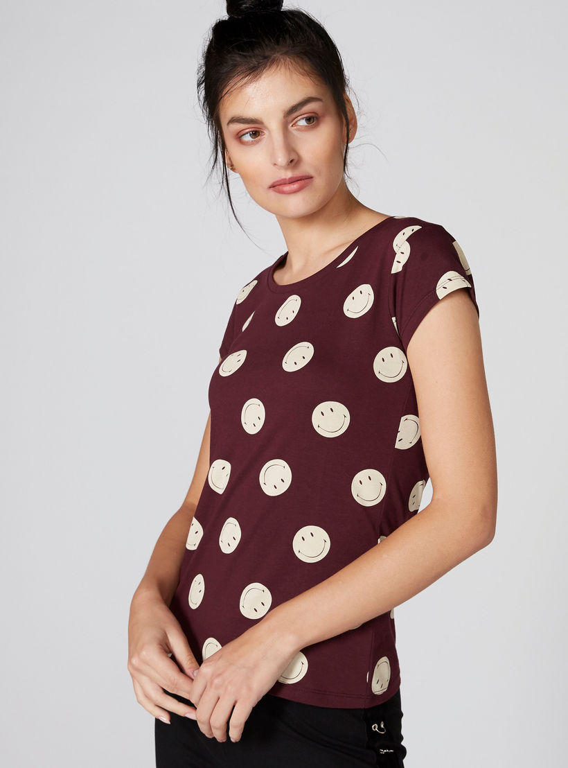 Smiley World Printed Top with Round Neck and Cap Sleeves-women-clothing-tshirts-image-3