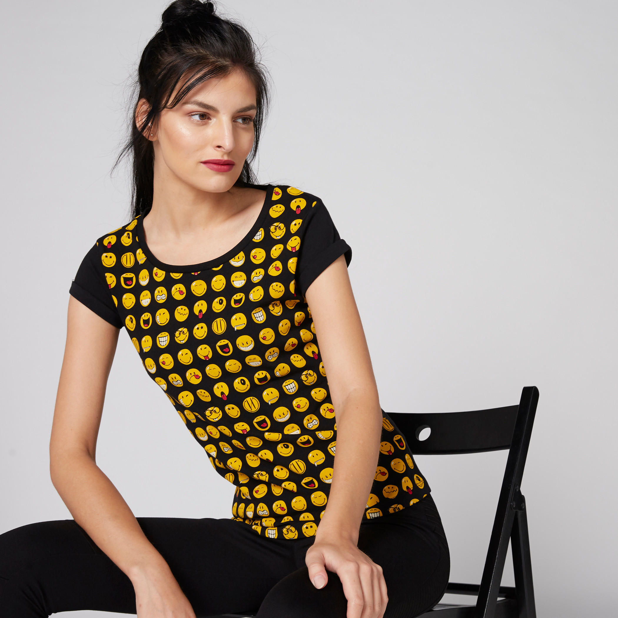 Smiley World Printed T-Shirt with Round Neck and Cap Sleeves-women-clothing-tshirts-image-1