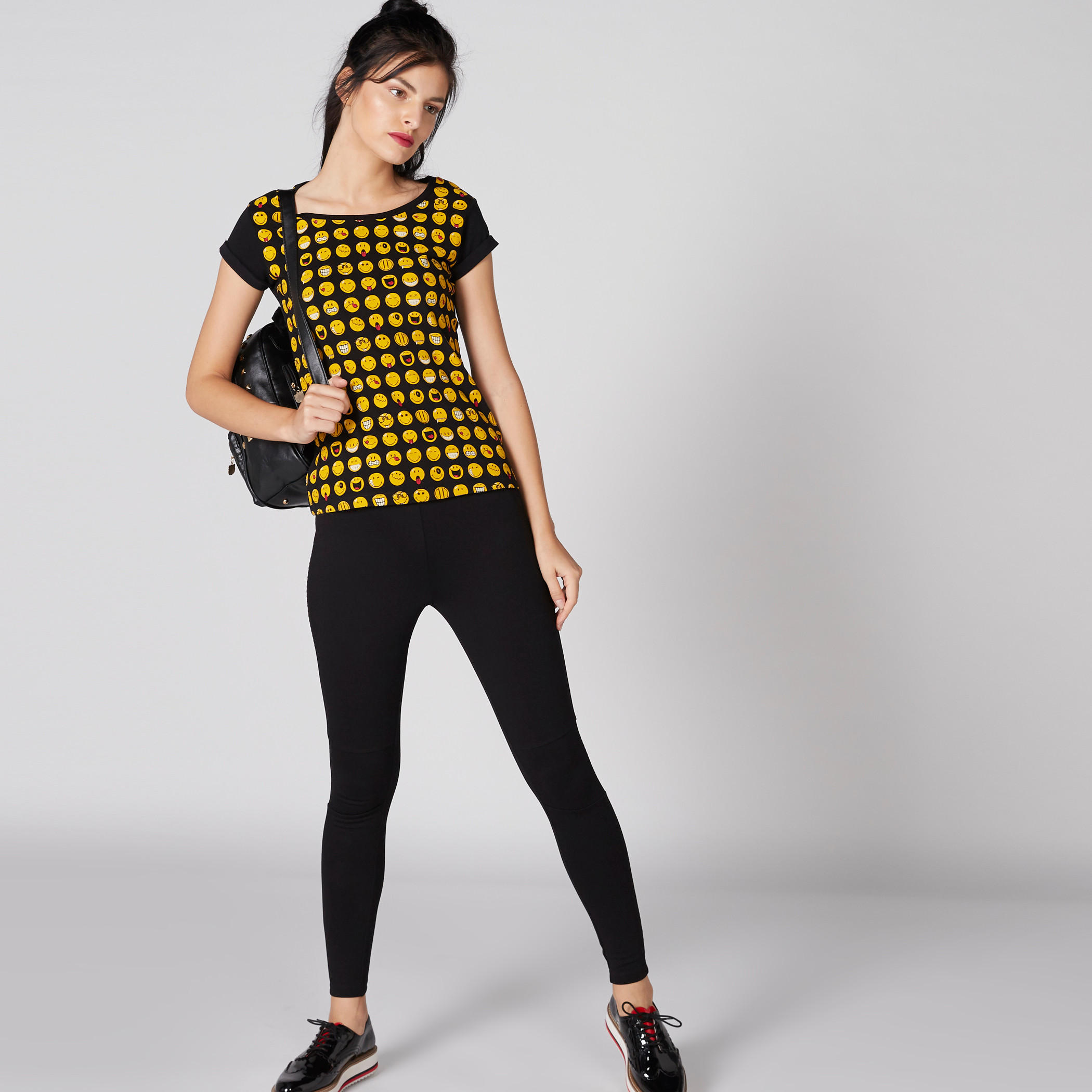Smiley World Printed T-Shirt with Round Neck and Cap Sleeves-women-clothing-tshirts-image-3