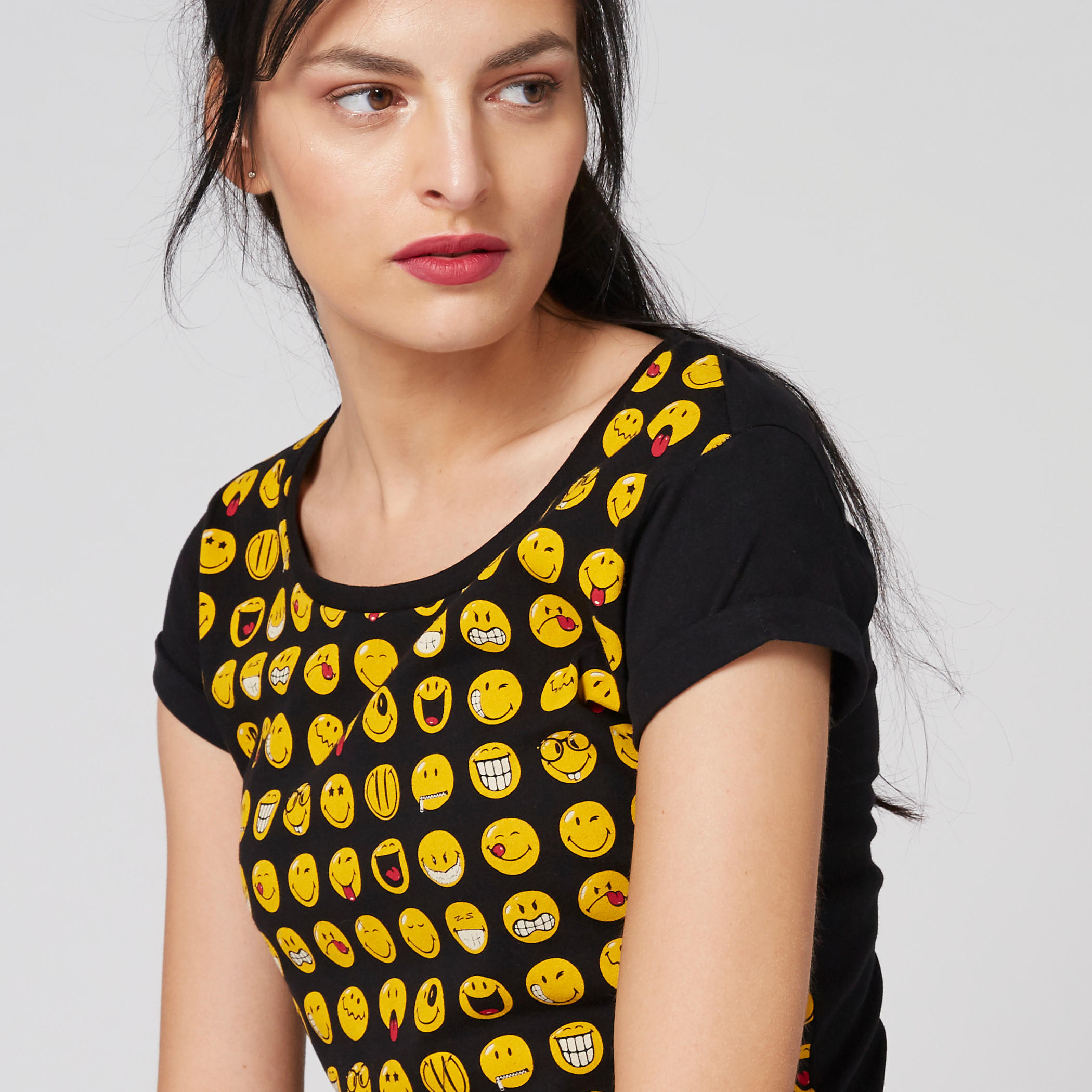 Smiley World Printed T-Shirt with Round Neck and Cap Sleeves-women-clothing-tshirts-image-4