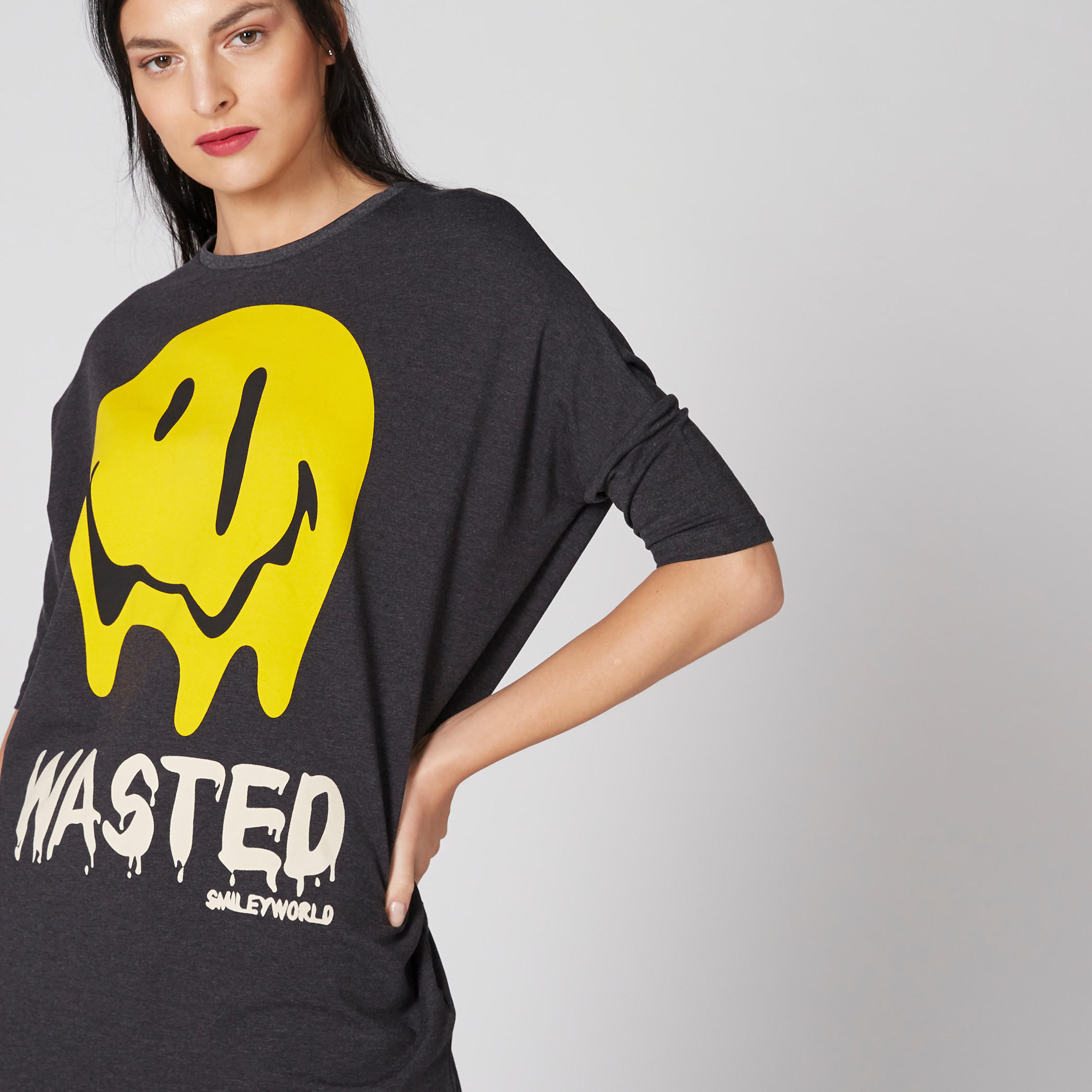 Smiley World Printed T-Shirt with Round Neck and Extended Sleeves-women-clothing-tshirts-image-1