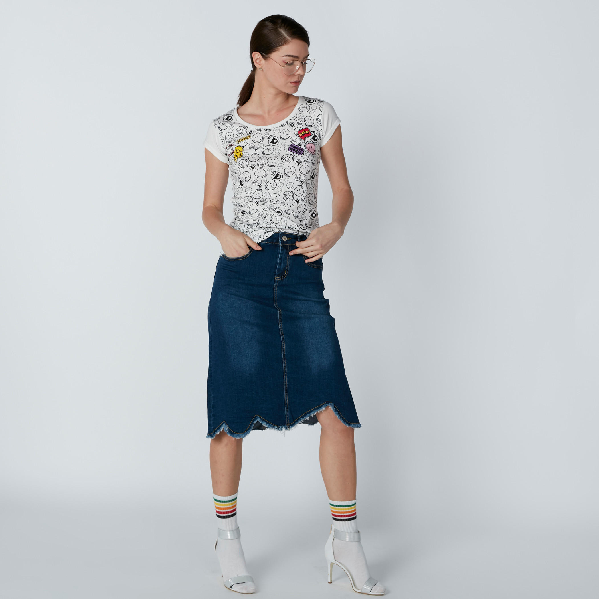 Smiley World Printed T-Shirt with Round Neck and Cap Sleeves-women-clothing-tshirts-image-1