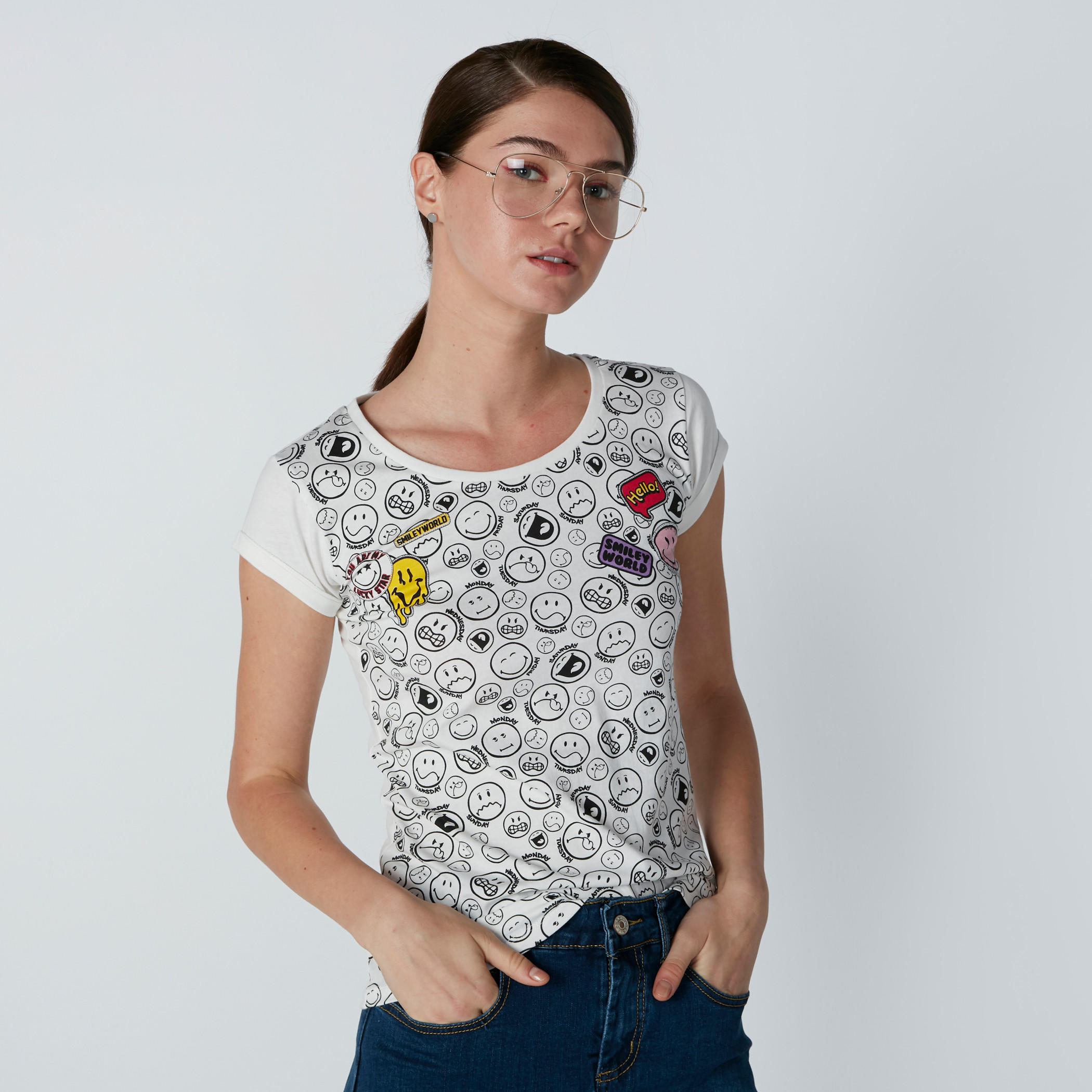 Smiley World Printed T-Shirt with Round Neck and Cap Sleeves-women-clothing-tshirts-image-3