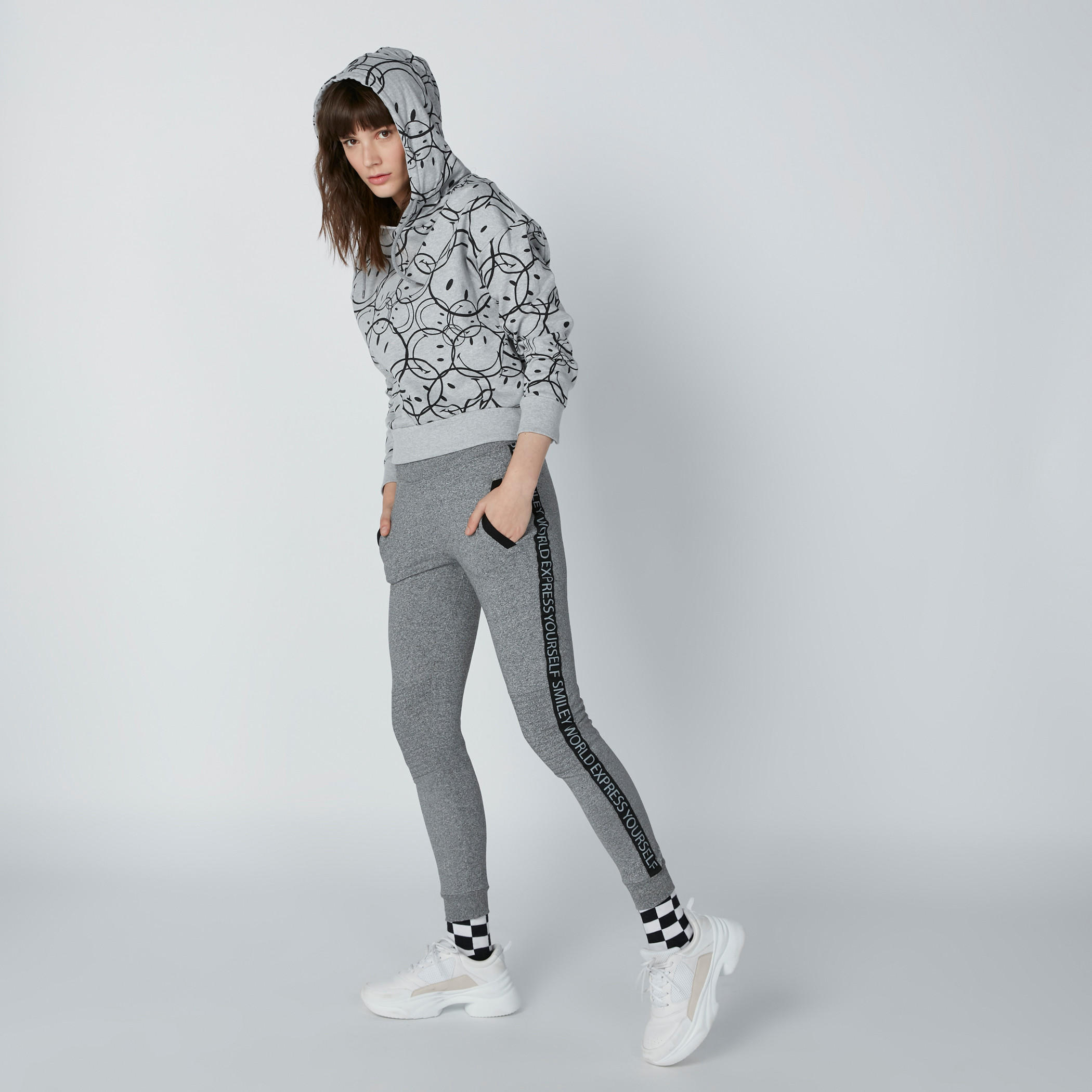 Smiley World Printed Tape Detail Jog Pants with Elasticised Waistband-women-clothing-bottoms-joggers-image-1