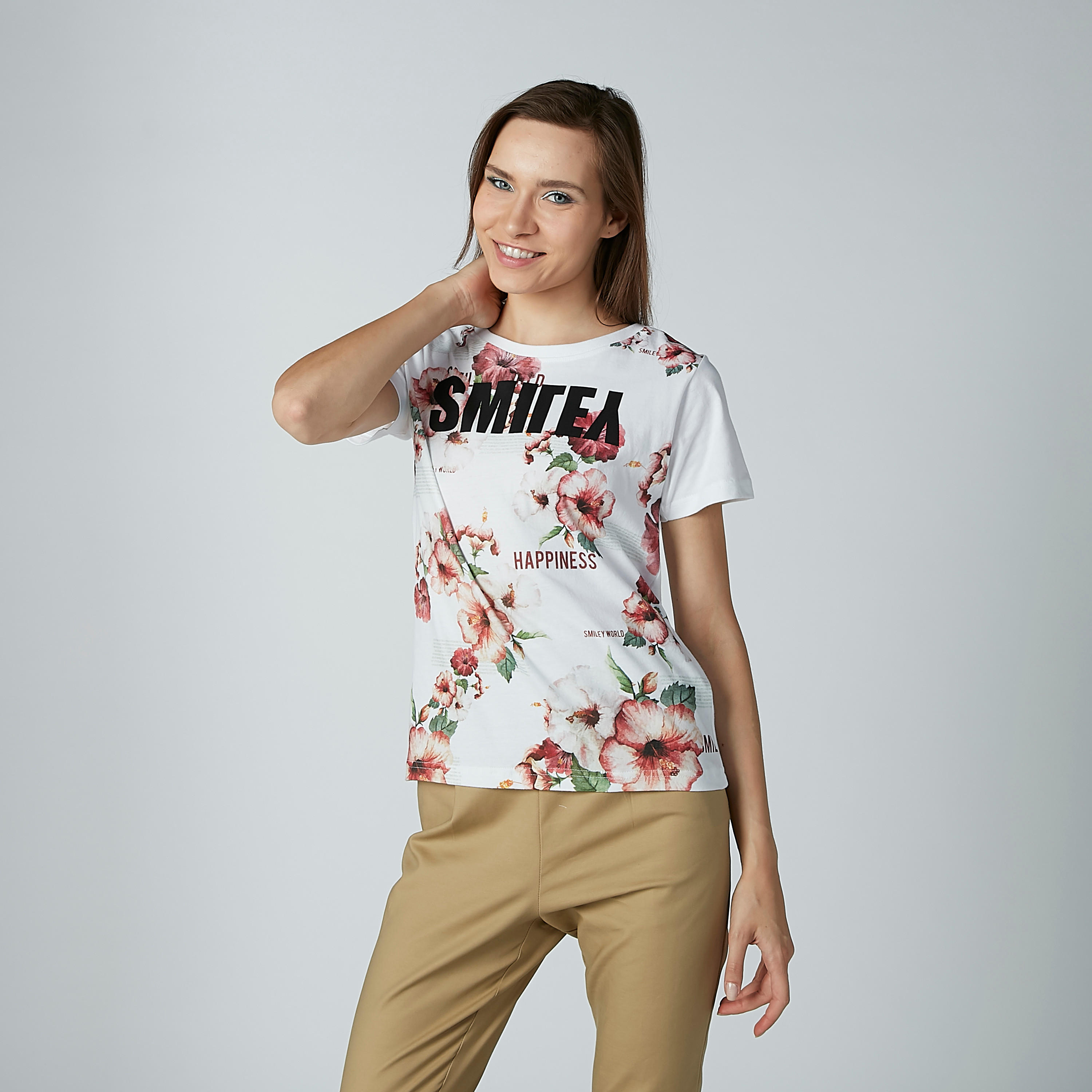 Smiley World Printed T-shirt with Short Sleeves and Round Neck-women-clothing-tshirts-image-1