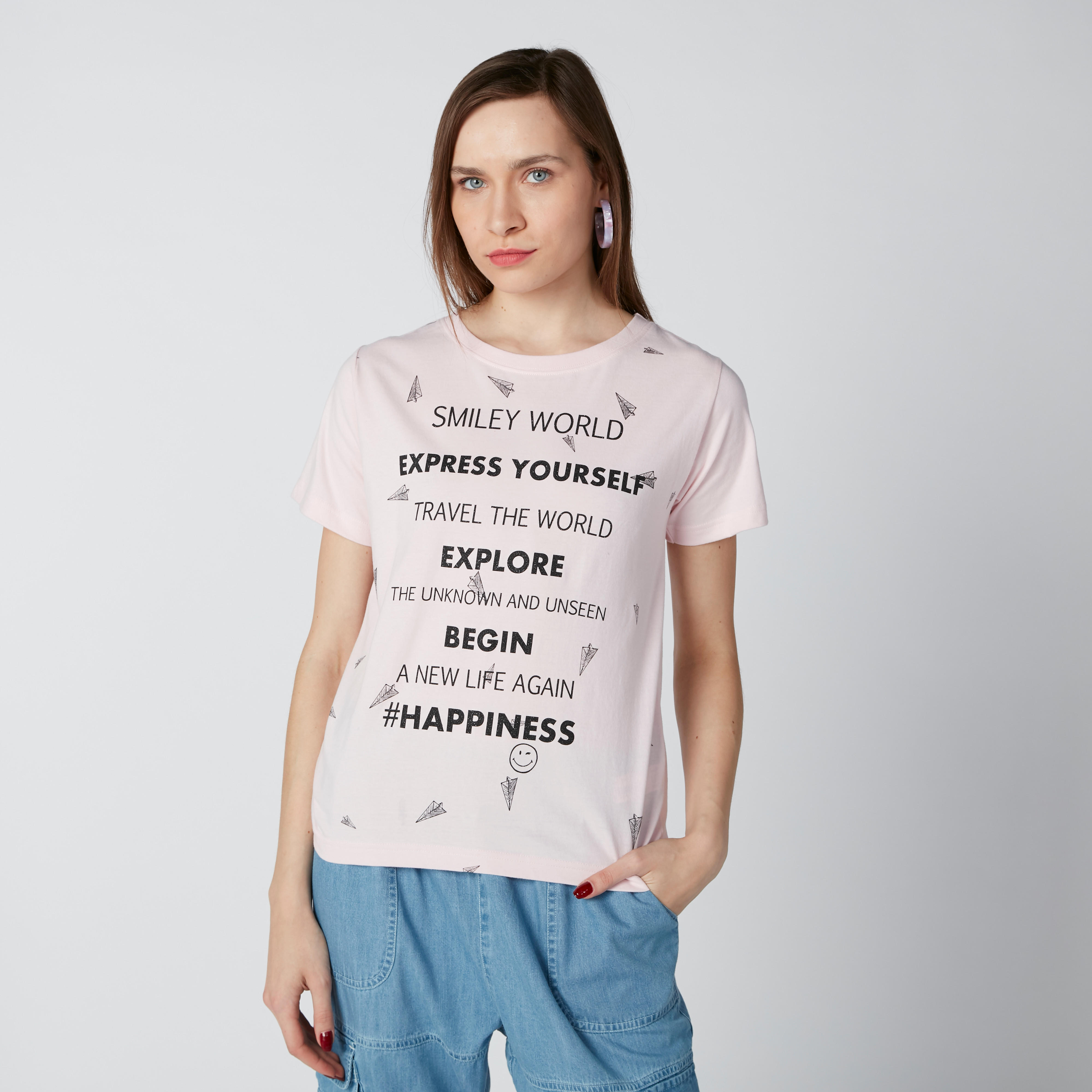 Sustainable Smiley World Printed T-Shirt with Short Sleeves-women-clothing-tshirts-image-1