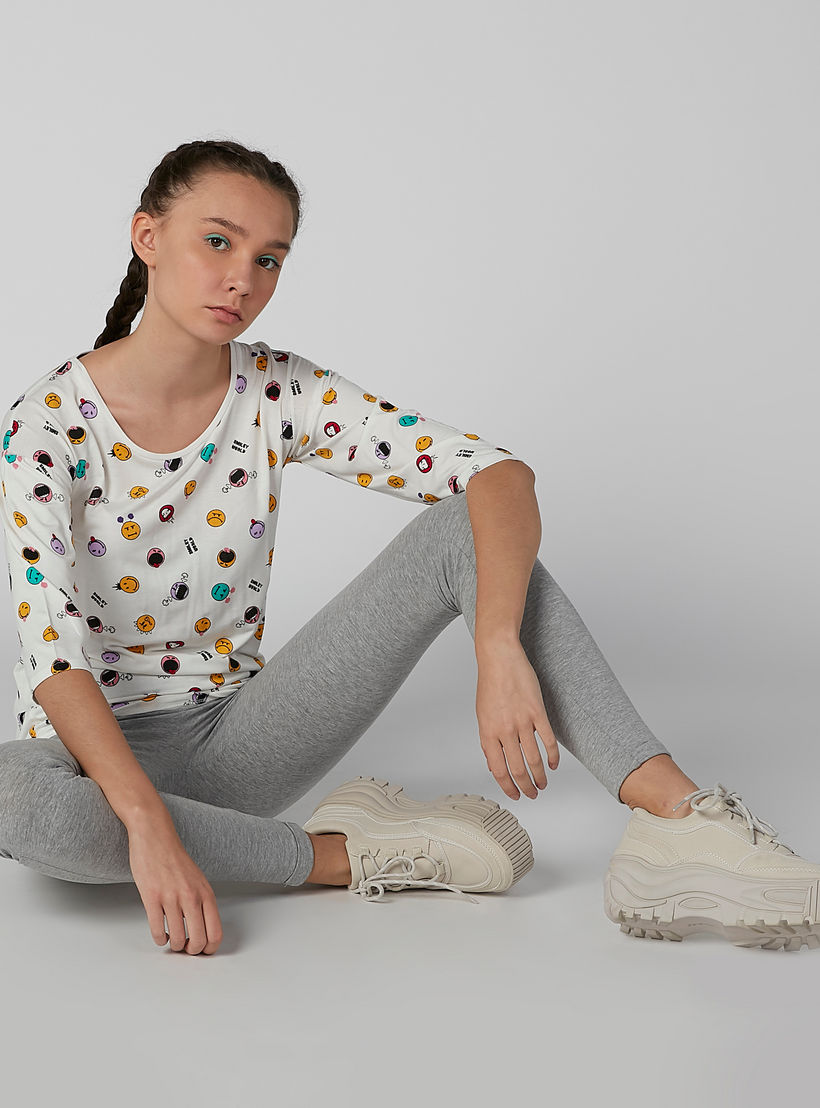 تيشيرت بياقة مستديرة وأكمام 3/4 وطبعات سمايلي وورلد-women-clothing-tshirts-image-1