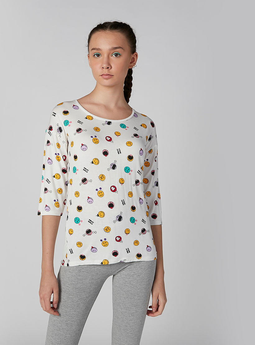 تيشيرت بياقة مستديرة وأكمام 3/4 وطبعات سمايلي وورلد-women-clothing-tshirts-image-2