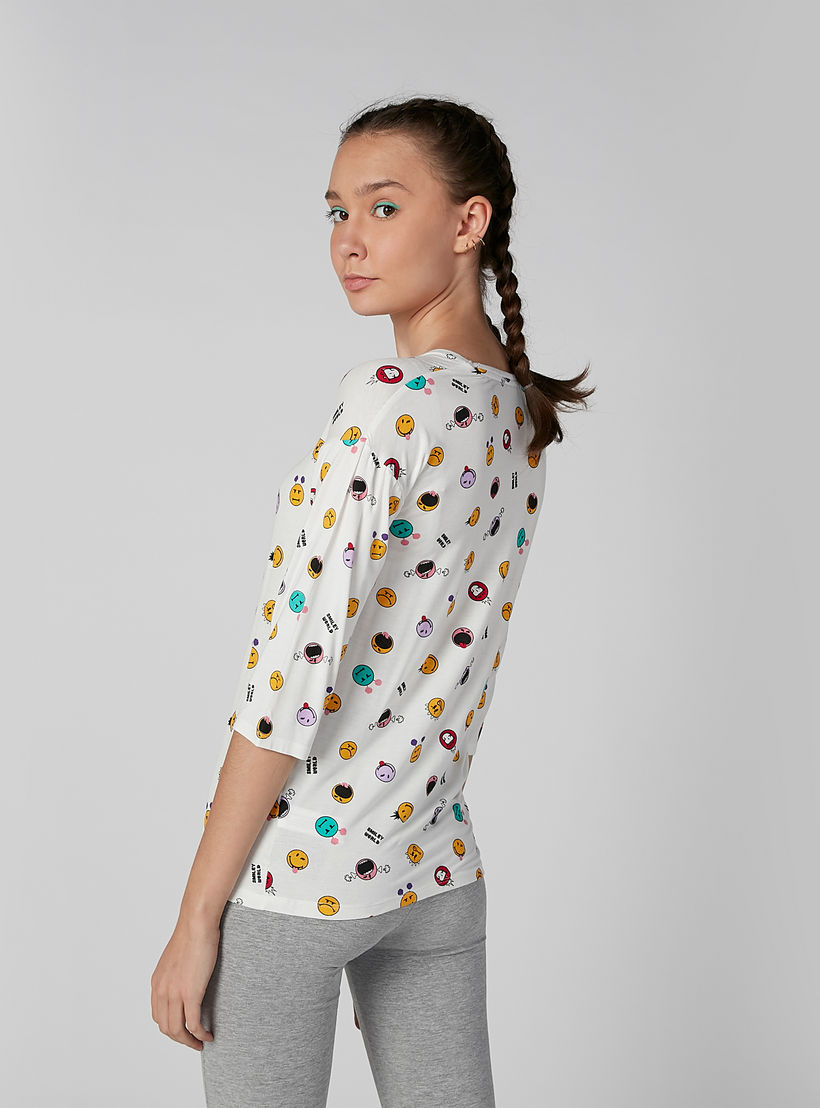 تيشيرت بياقة مستديرة وأكمام 3/4 وطبعات سمايلي وورلد-women-clothing-tshirts-image-3