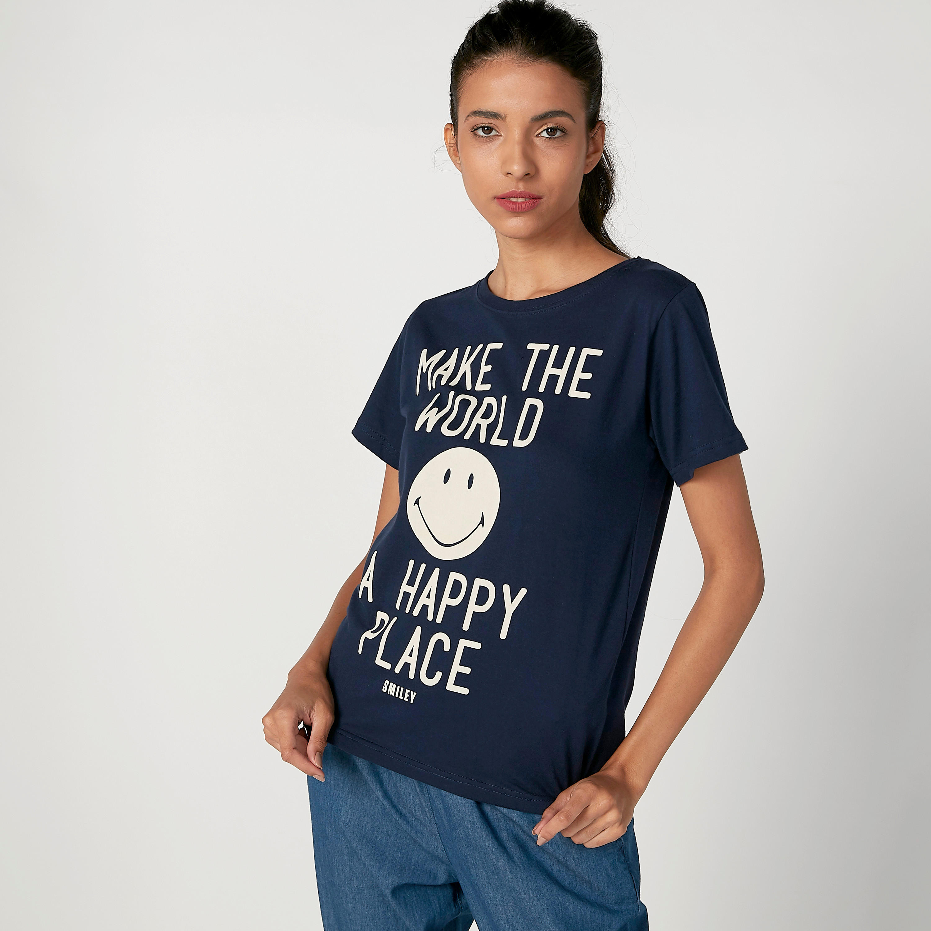 Sustainable Smiley World Printed T-shirt with Short Sleeves-women-clothing-tshirts-image-1