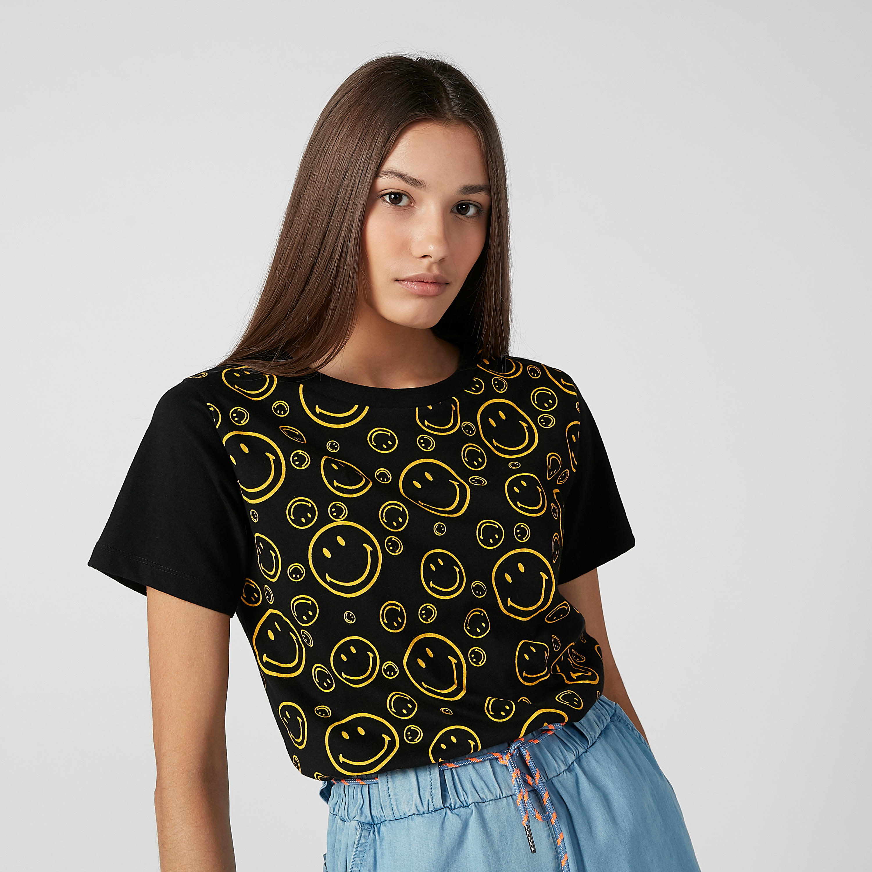 Sustainable Smiley World Printed T-shirt with Round Neck-women-clothing-tshirts-image-1