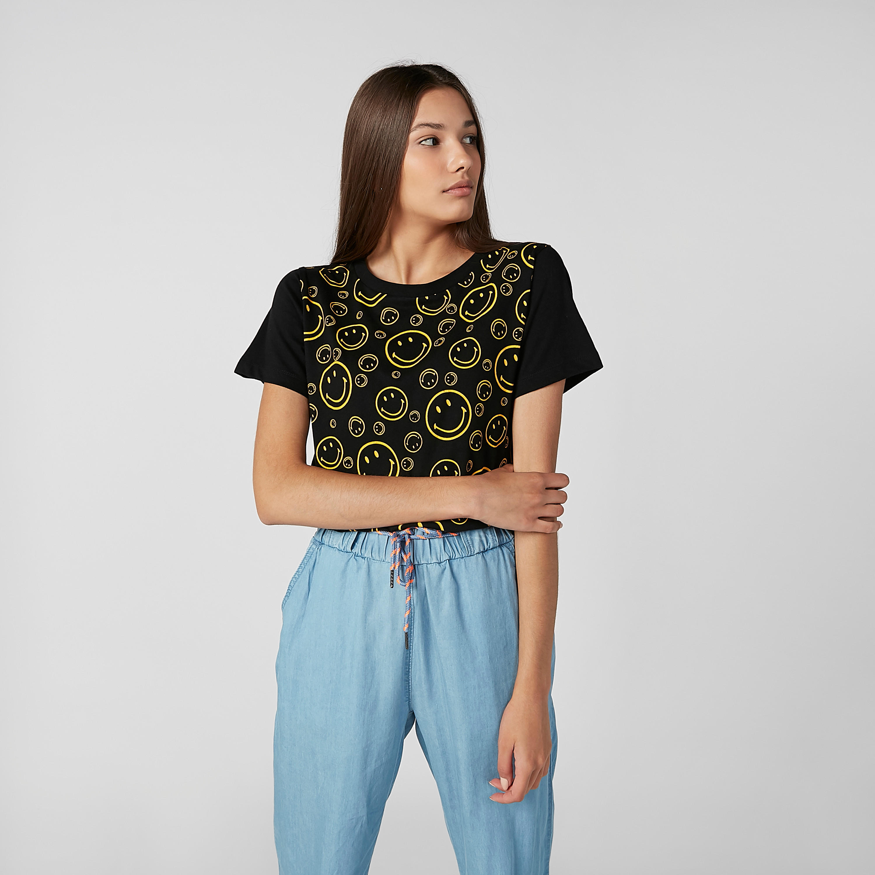 Sustainable Smiley World Printed T-shirt with Round Neck-women-clothing-tshirts-image-4