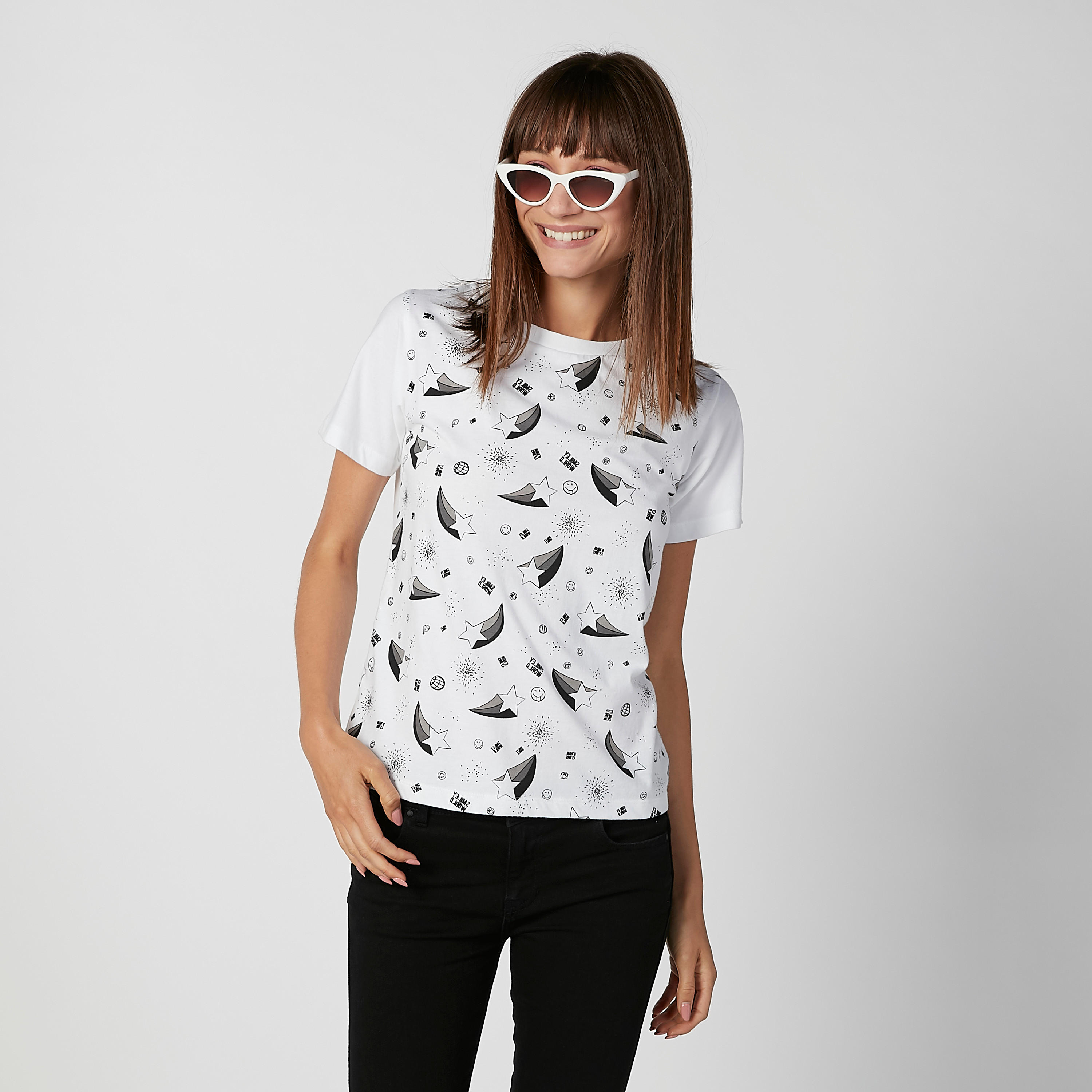 Sustainable Smiley World Printed T-shirt with Round Neck-women-clothing-tshirts-image-1