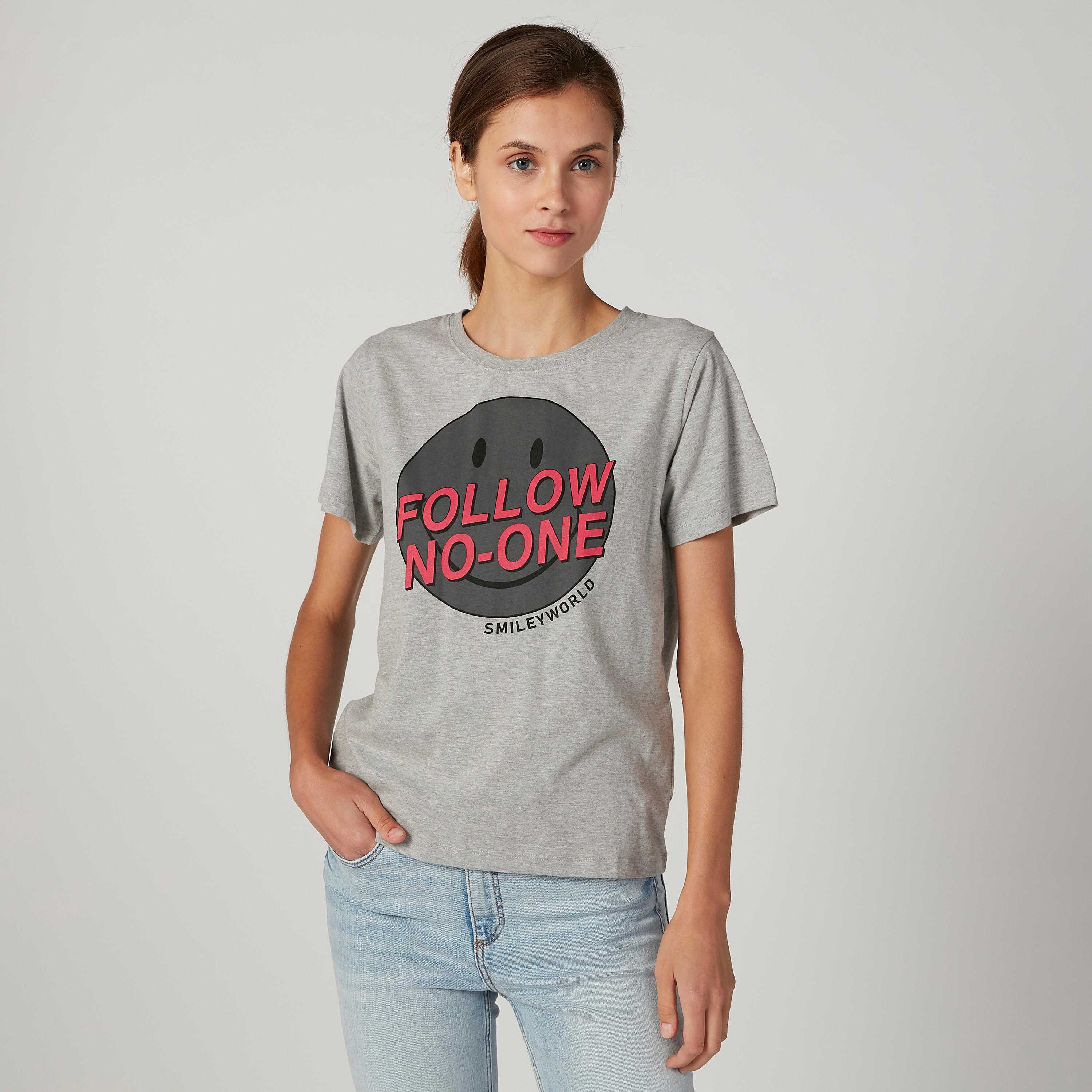 Smiley World Printed T-shirt with Round Neck and Short Sleeves-women-clothing-tshirts-image-1