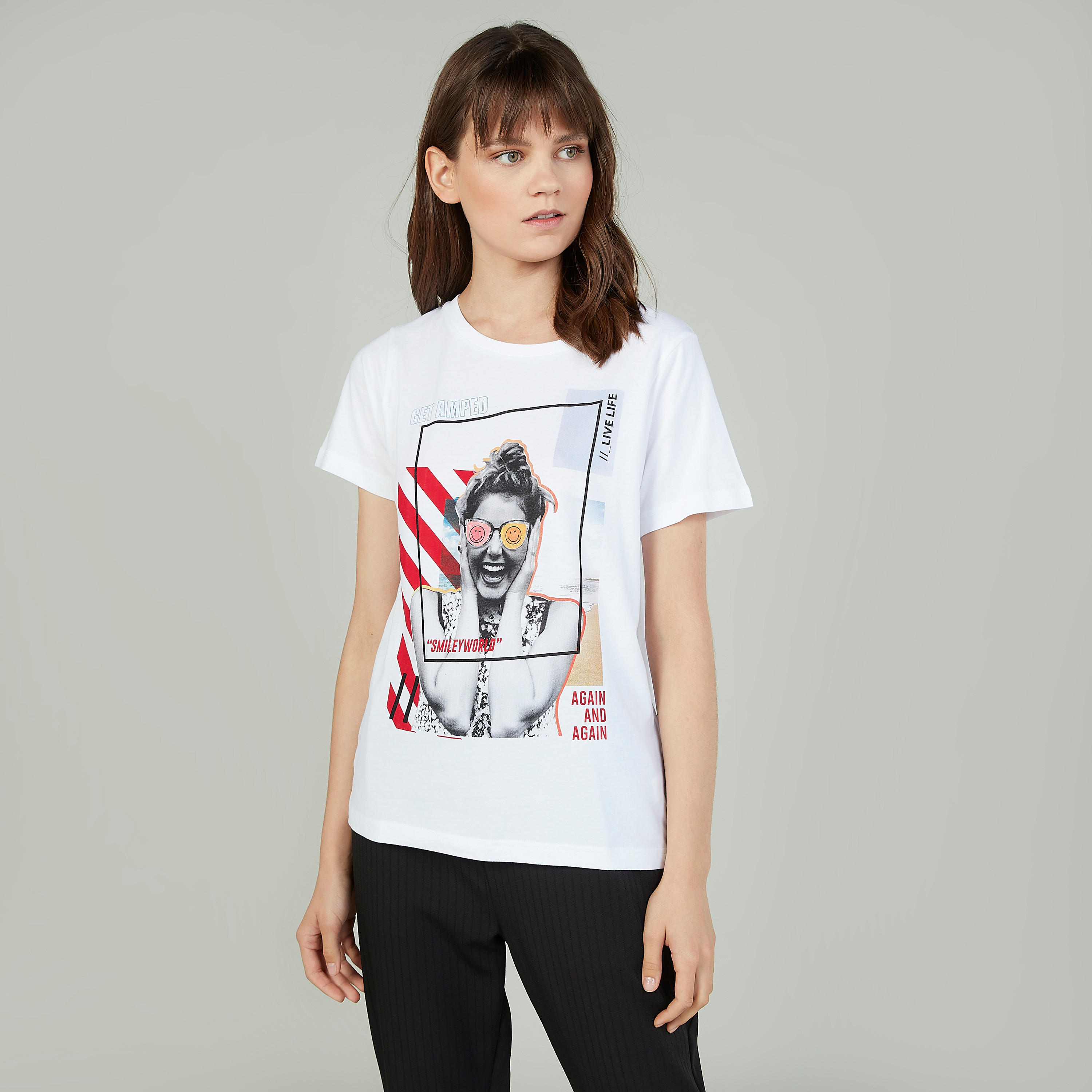Sustainable Smiley World Printed T-shirt with Round Neck-women-clothing-tshirts-image-1