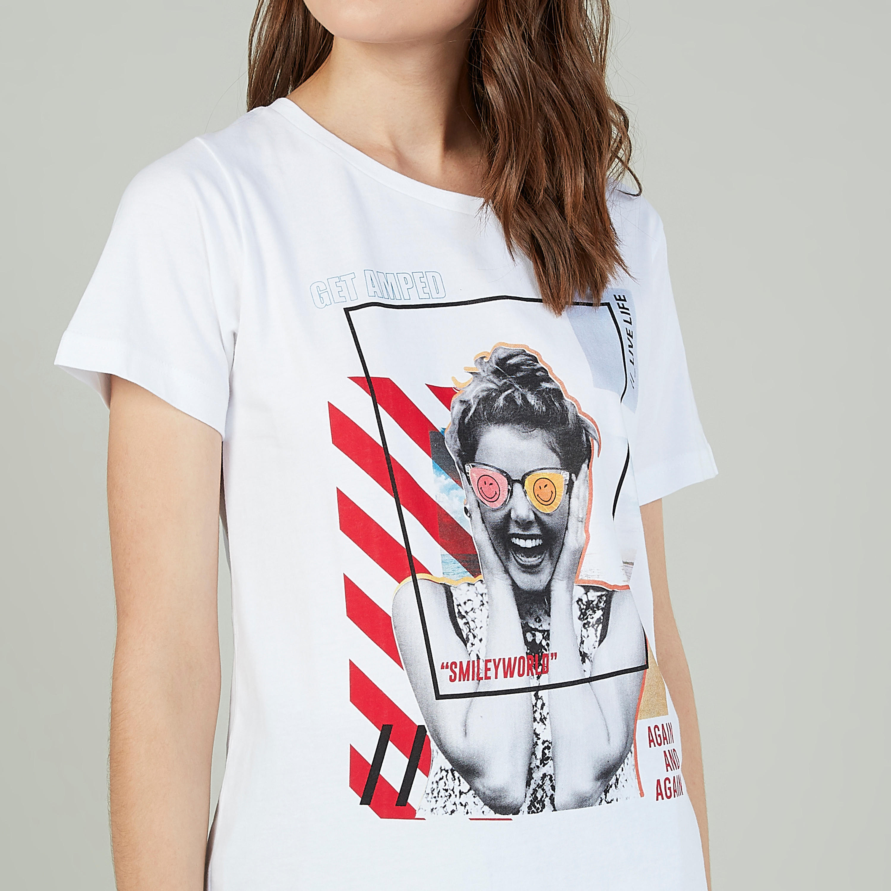 Sustainable Smiley World Printed T-shirt with Round Neck-women-clothing-tshirts-image-3