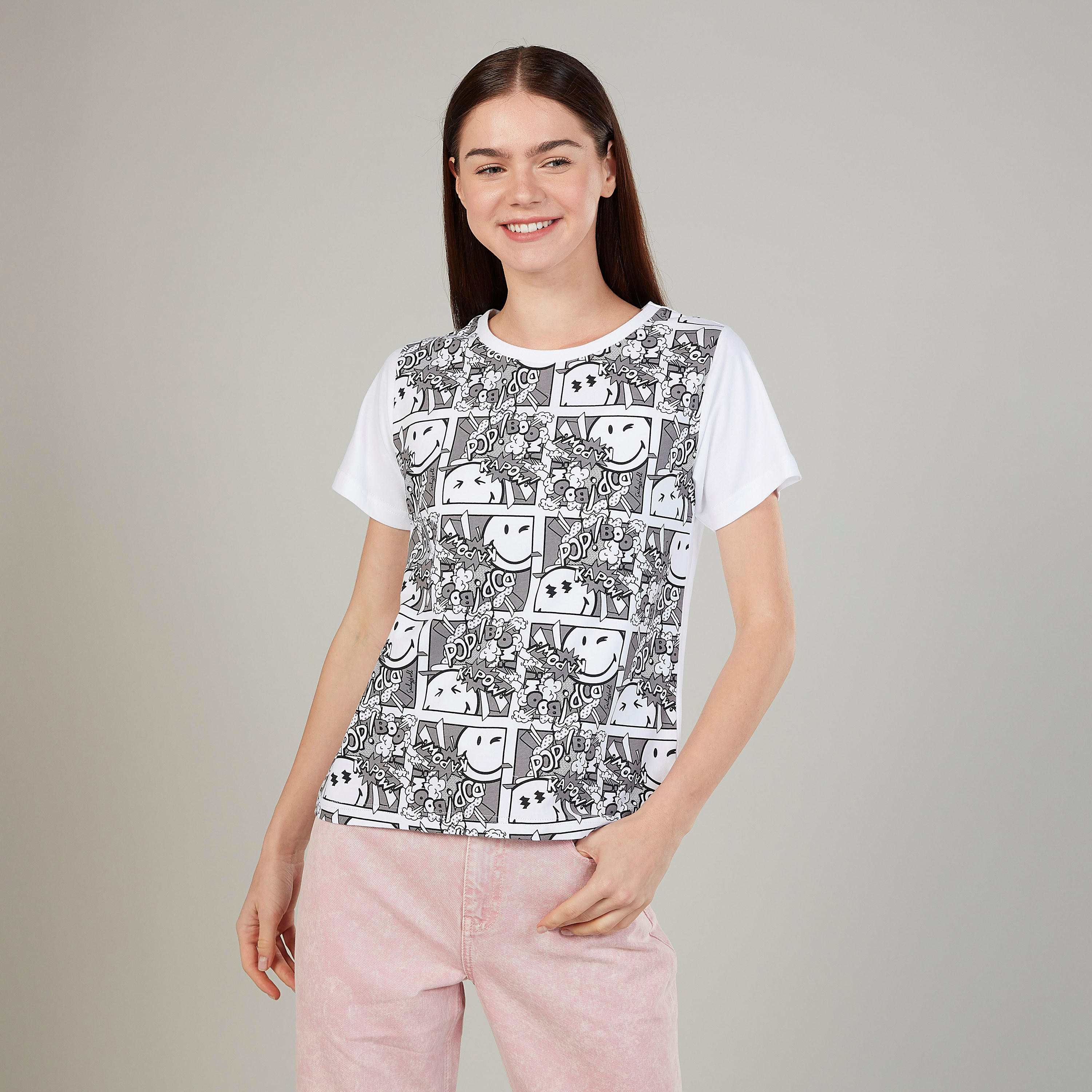 Smiley World Printed T-shirt with Round Neck and Short Sleeves-women-clothing-tshirts-image-1