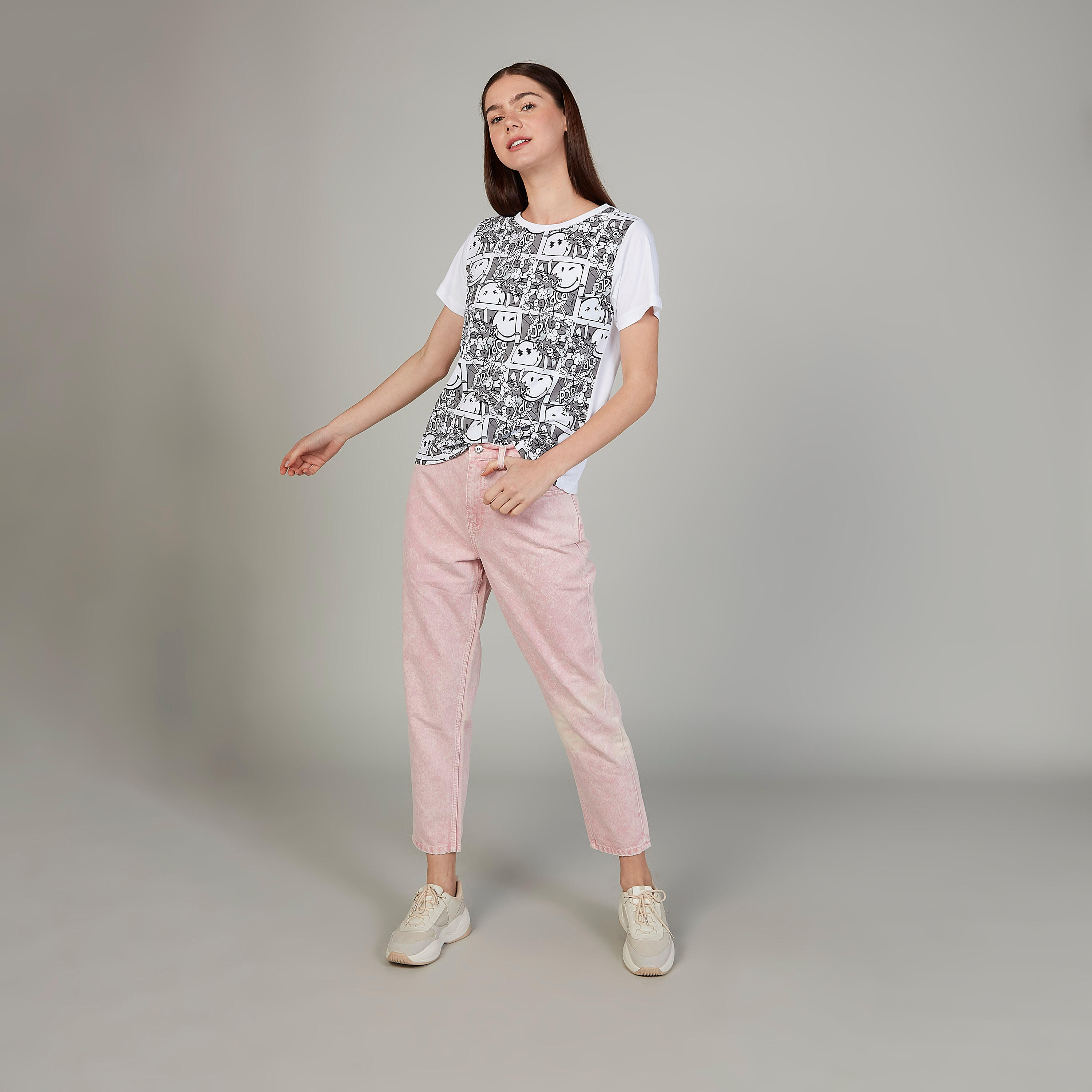 Smiley World Printed T-shirt with Round Neck and Short Sleeves-women-clothing-tshirts-image-2