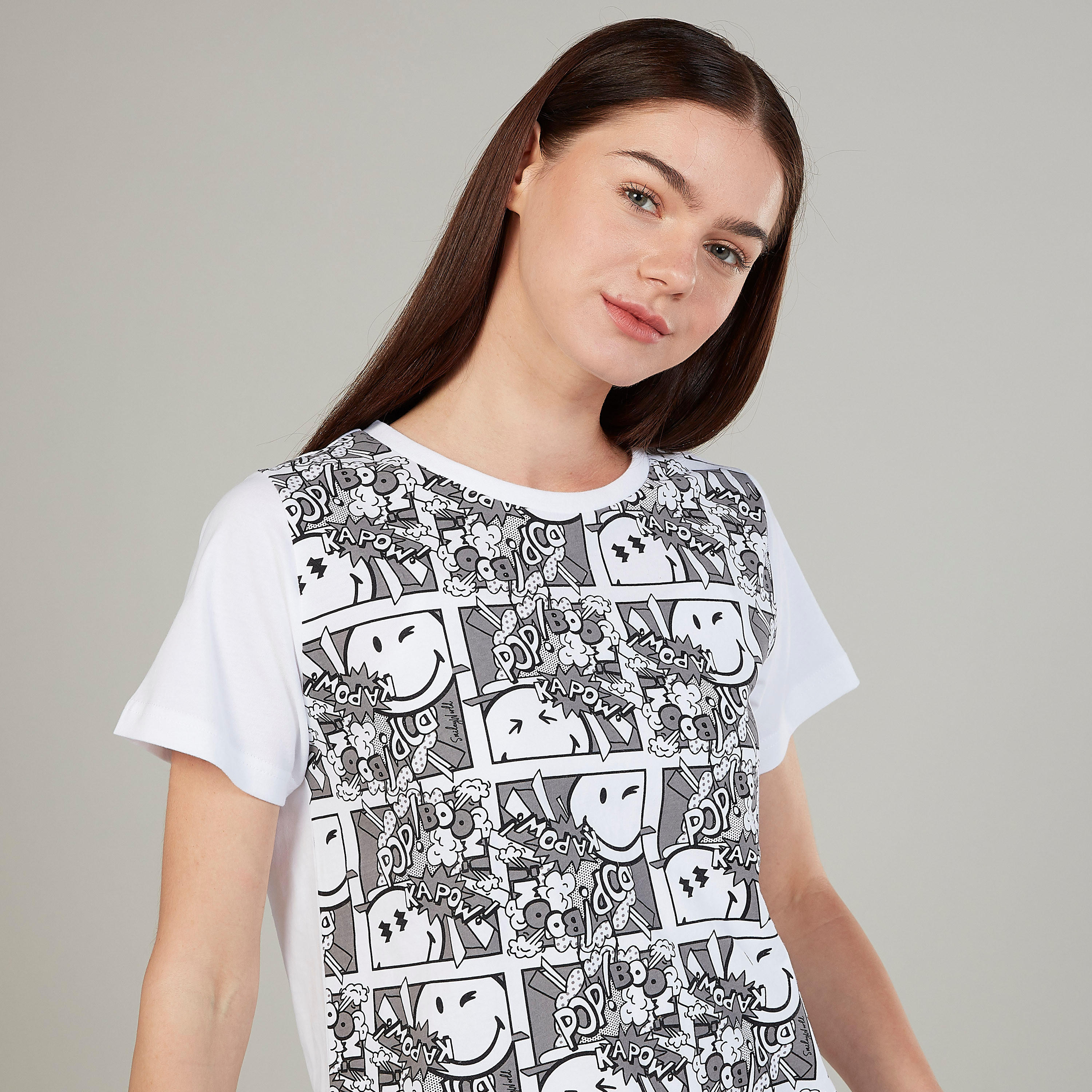 Smiley World Printed T-shirt with Round Neck and Short Sleeves-women-clothing-tshirts-image-3