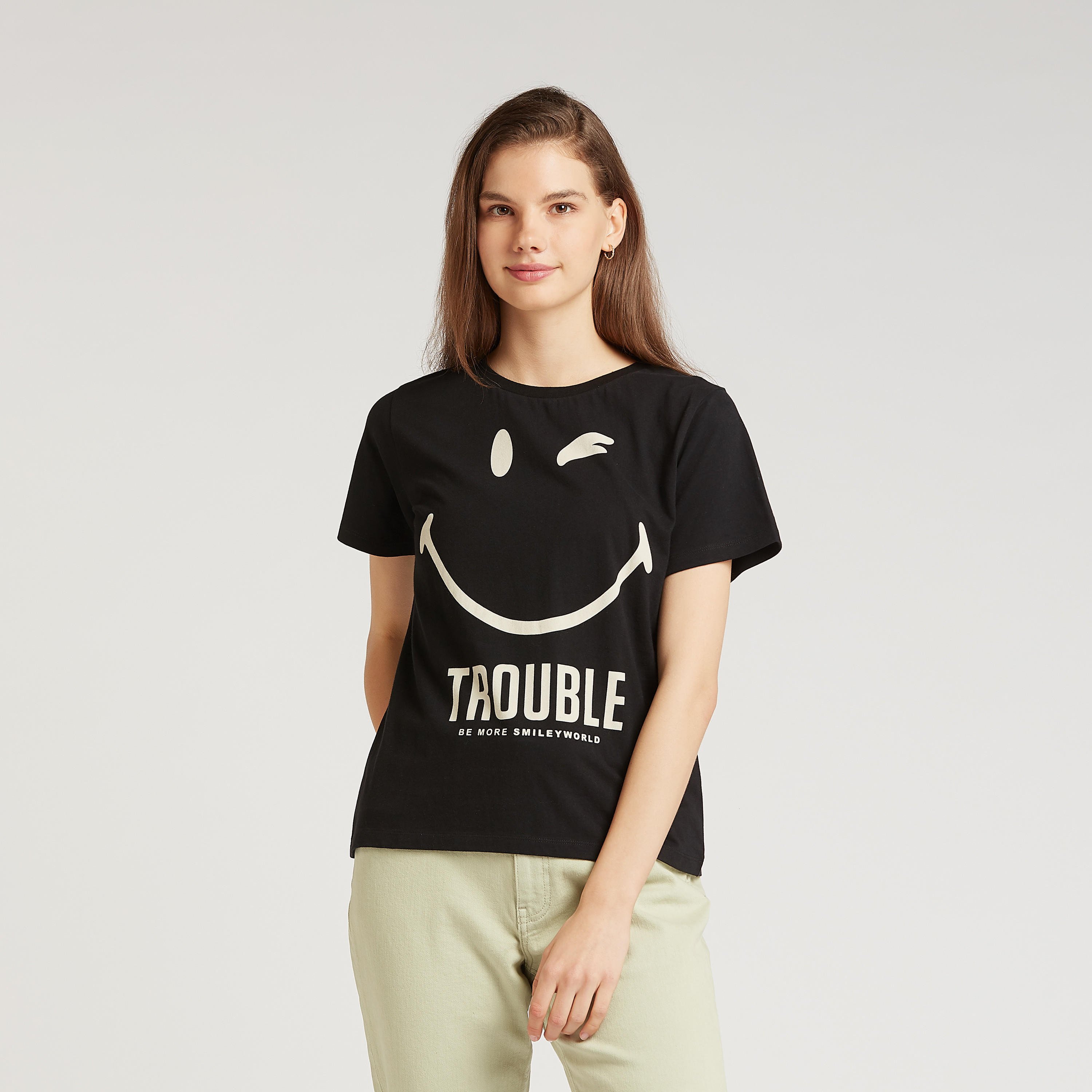 Smiley World Printed T-shirt with Crew Neck and Short Sleeves-women-clothing-tshirts-image-1