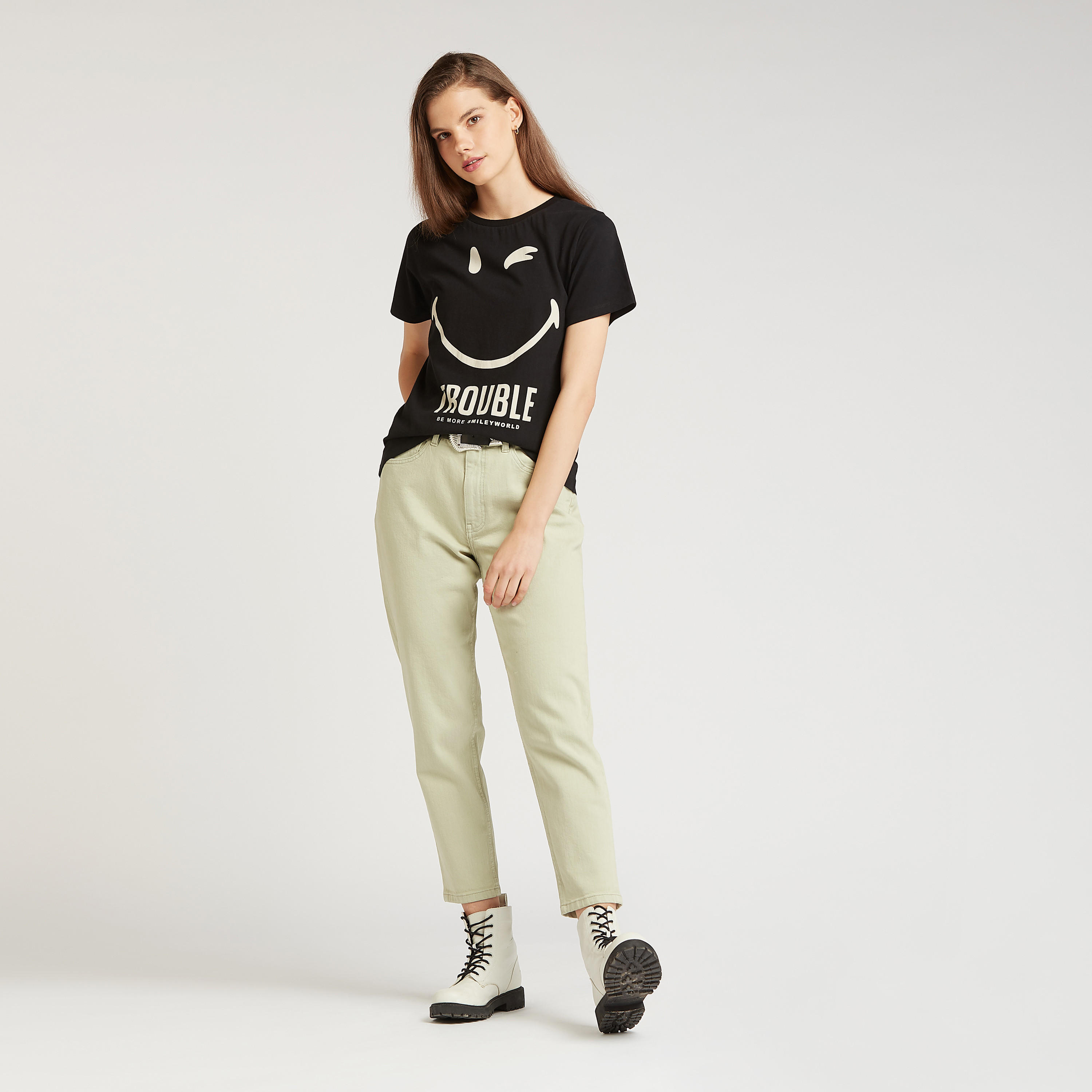 Smiley World Printed T-shirt with Crew Neck and Short Sleeves-women-clothing-tshirts-image-2