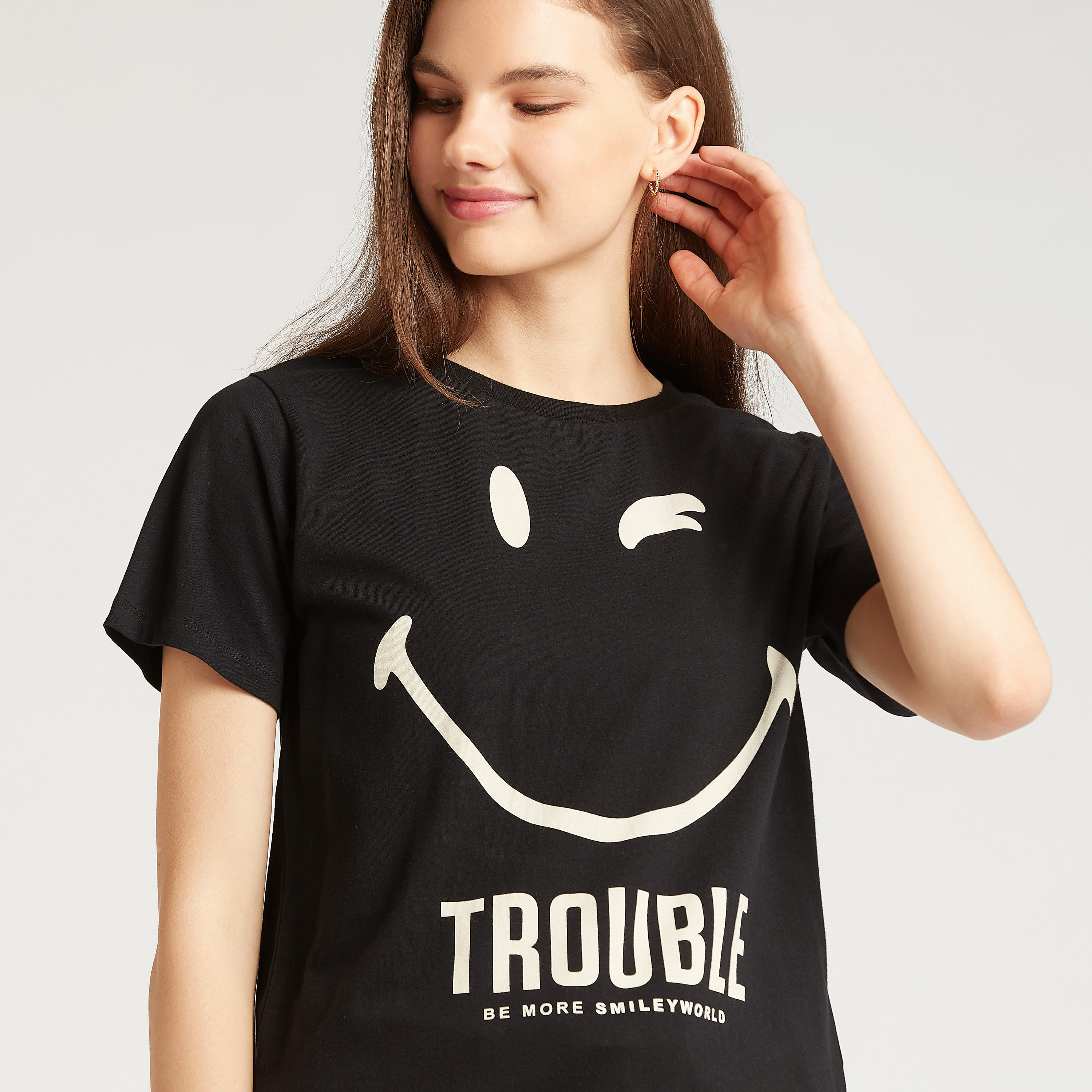 Smiley World Printed T-shirt with Crew Neck and Short Sleeves-women-clothing-tshirts-image-3